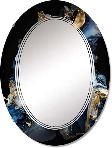 DesignQ espejo de pared de mármol abstracto, espejo moderno ovalado, espejo de baño azul redondo, espejo de tocador de mármol abstracto tonos azules
