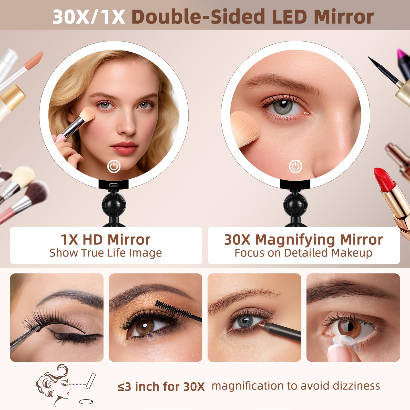 Espejo de maquillaje con aumento iluminado 30X/1X, espejo de maquillaje de doble cara con aumento 1X/30X y 3 luces de colores, espejo de escritorio recargable con aumento 30X y rotación de 360°