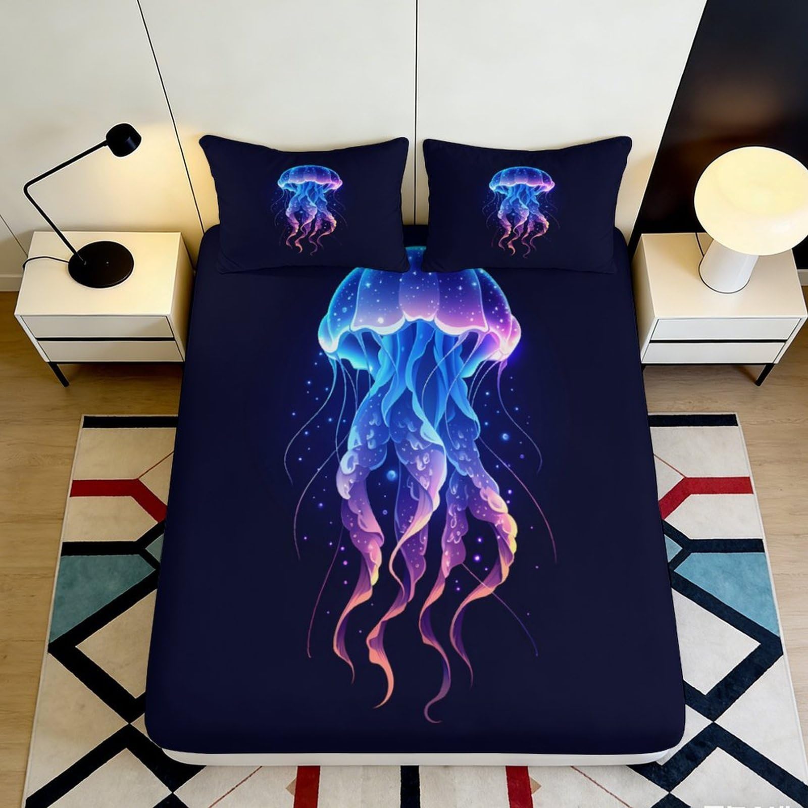 Jqzkxnhpbr Style-4 3D Printed Jellyfish Fitted Sheet Microfiber Soft Waterproof Ocean Glow Bed Cover For Bedroom Guestroom Home Decor 90X200x25cm