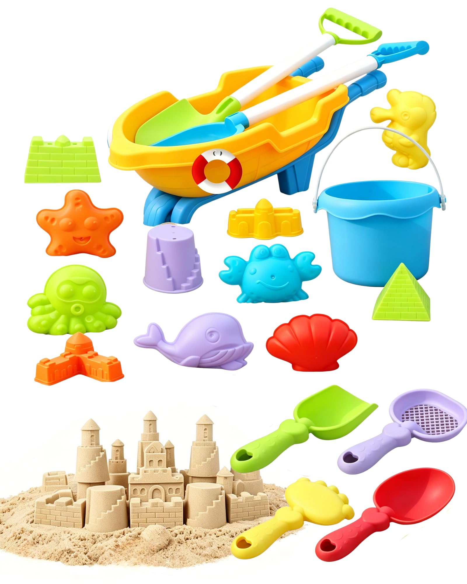 Beach Sand Toys for Kids 19PCS Includes Bucket and Spade, Moulds, Kids Wheelbarrow and Sand Sieve, Colorful Ocean-themed Beach Toys for Boys and Girls to Enjoy Summer Outdoor