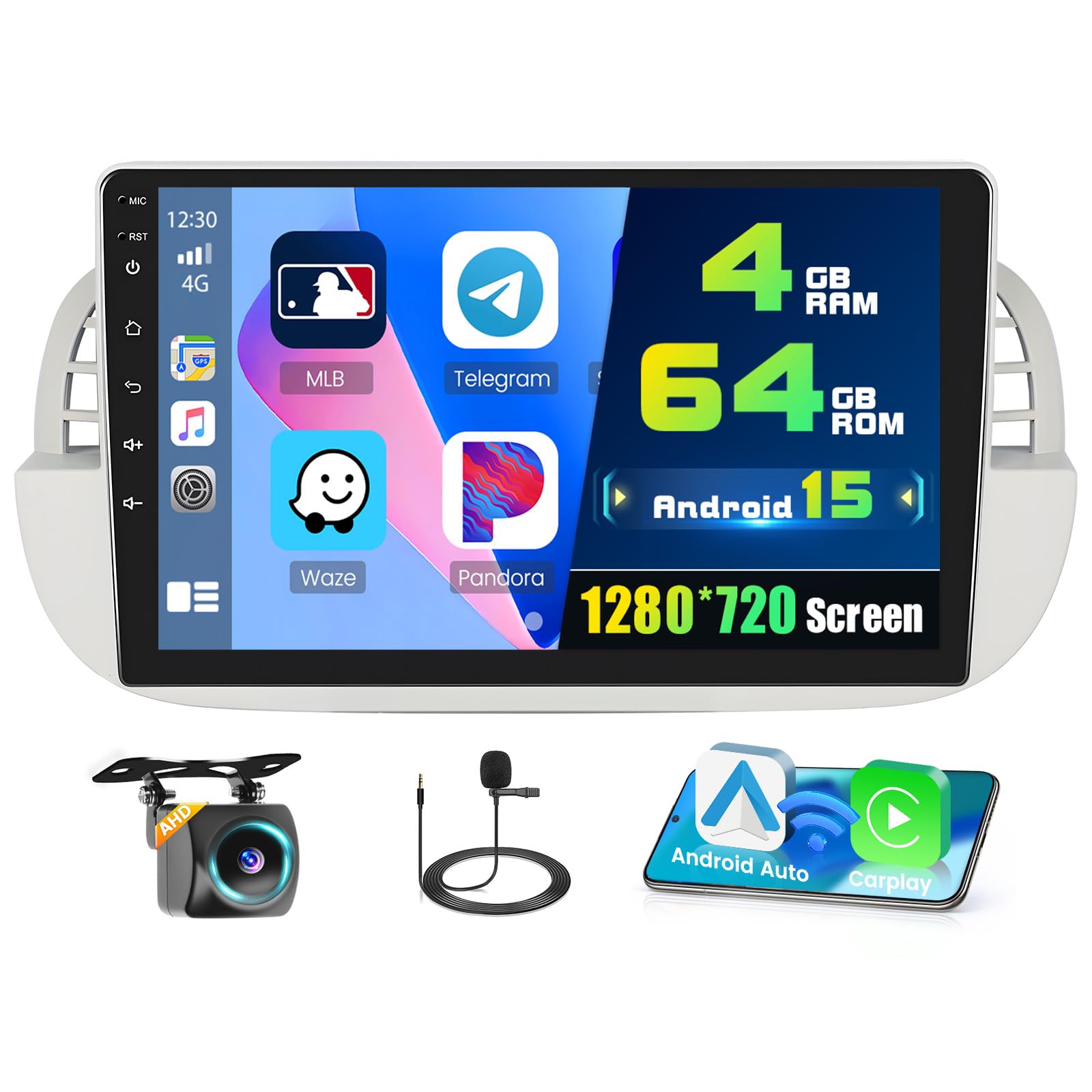 Autoradio Android 15 Pour Fiat 500 2007-2015 - Écran 9", Qualcomm 8 Cores, 4Go/64Go, CarPlay/Android Auto, GPS