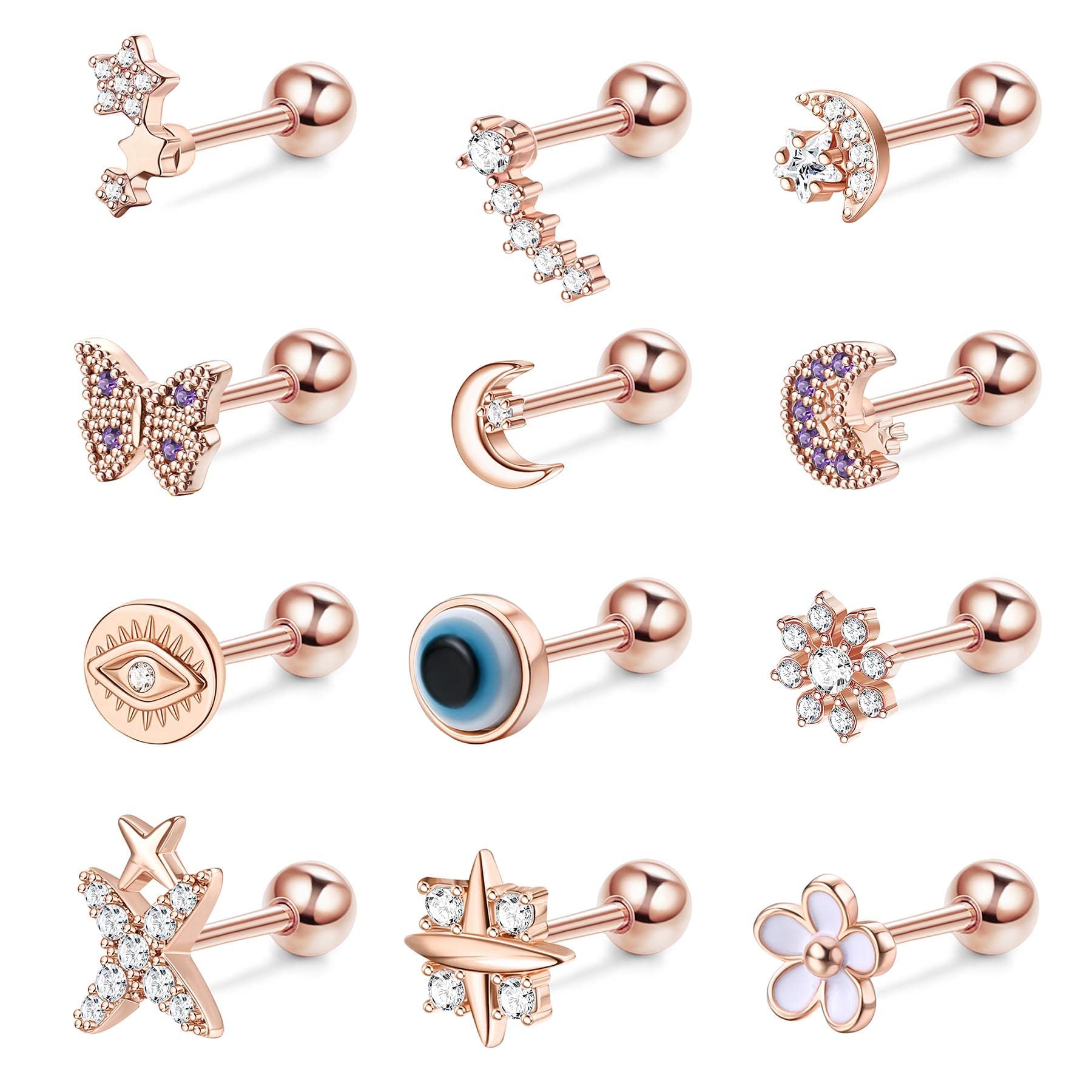 LOLIAS12PCS 16G 316L Acero Quirúrgico Stud Pendientes para Mujeres Hombres CZ Cubic Zirconia Barbell Cartílago Pendiente Tragus Stud Helix Piercing Oreja Pendientes Set