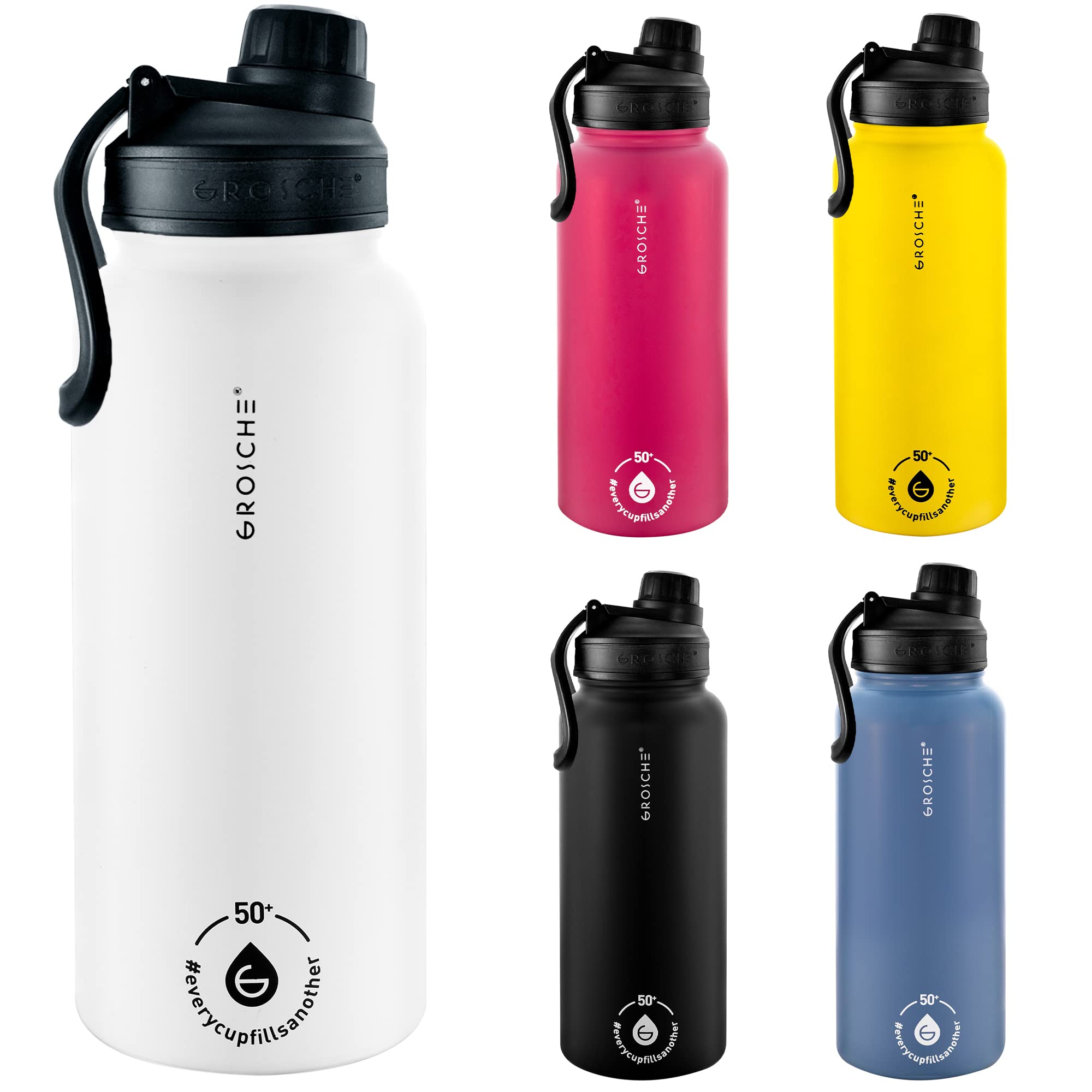 GROSCHE Chicago Edelstahl-Tee-Ei, Getränkeflasche, Heiß- und Kaltgetränke, Tee-Ei für lose Blätter, bequeme Reise-Wasserflasche, 946 ml, Weiß