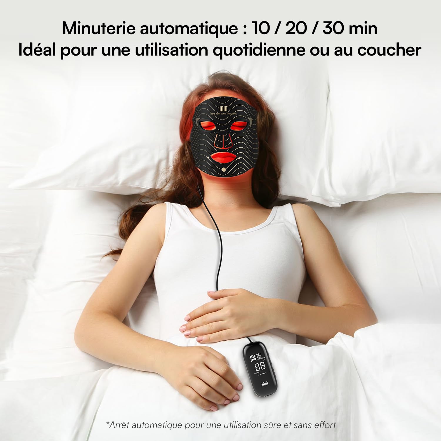 INIA GLOW Masque LED Visage, Lumière Rouge & Bleue, 3 Modes, 220 LEDs | Résultats visibles, Batterie rechargeable, Minuterie 10 à 30 min, Arrêt automatique, Soin quotidien en toute simplicité