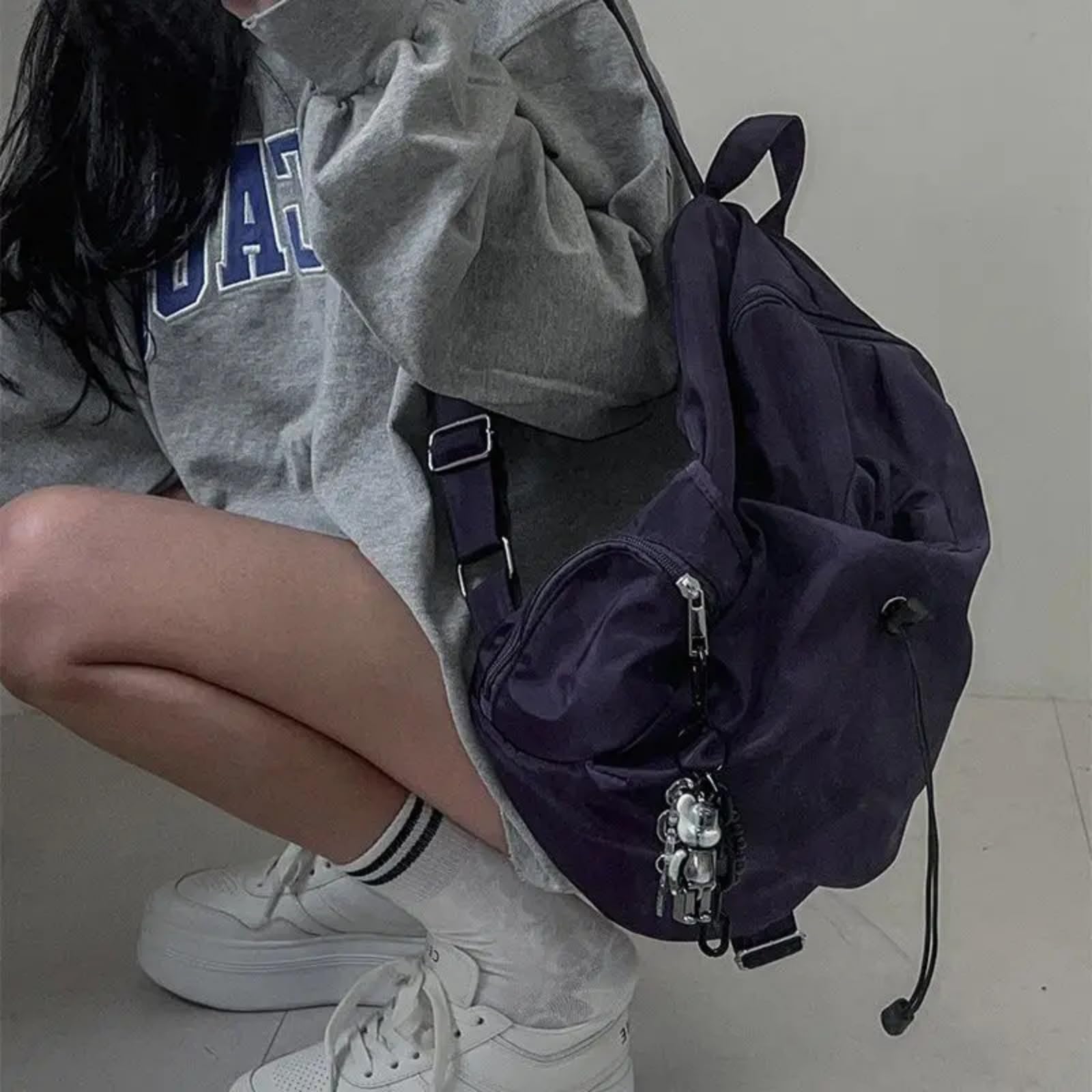 Zaino A Cordone in Nylon Leggero, Scolastico Casual di Grande capacità per Studenti Unisex-Black