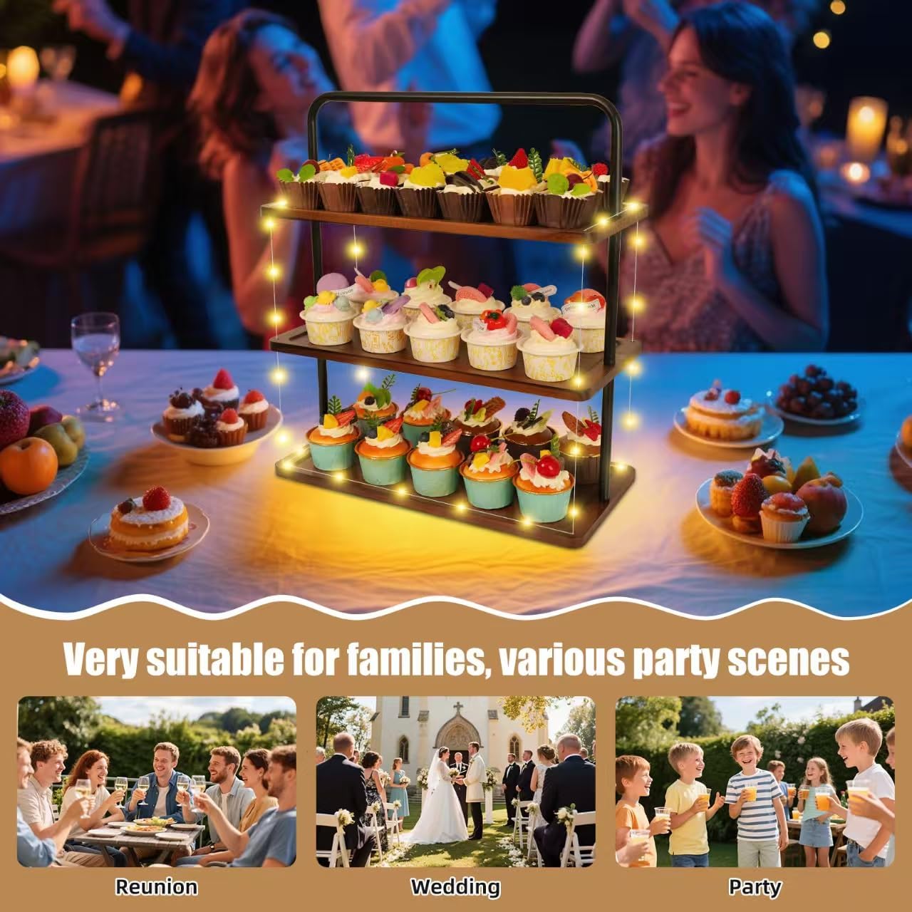 Cupcake Stand 3-Tier Wooden with LED Light Premium Holder, Large Wood Dessert Stand, Cupcake Tower for Camping, Birthday Party, Forest Safari Party Supplies, Farmhouse Decor (9.8ft/3m Yellow Light)