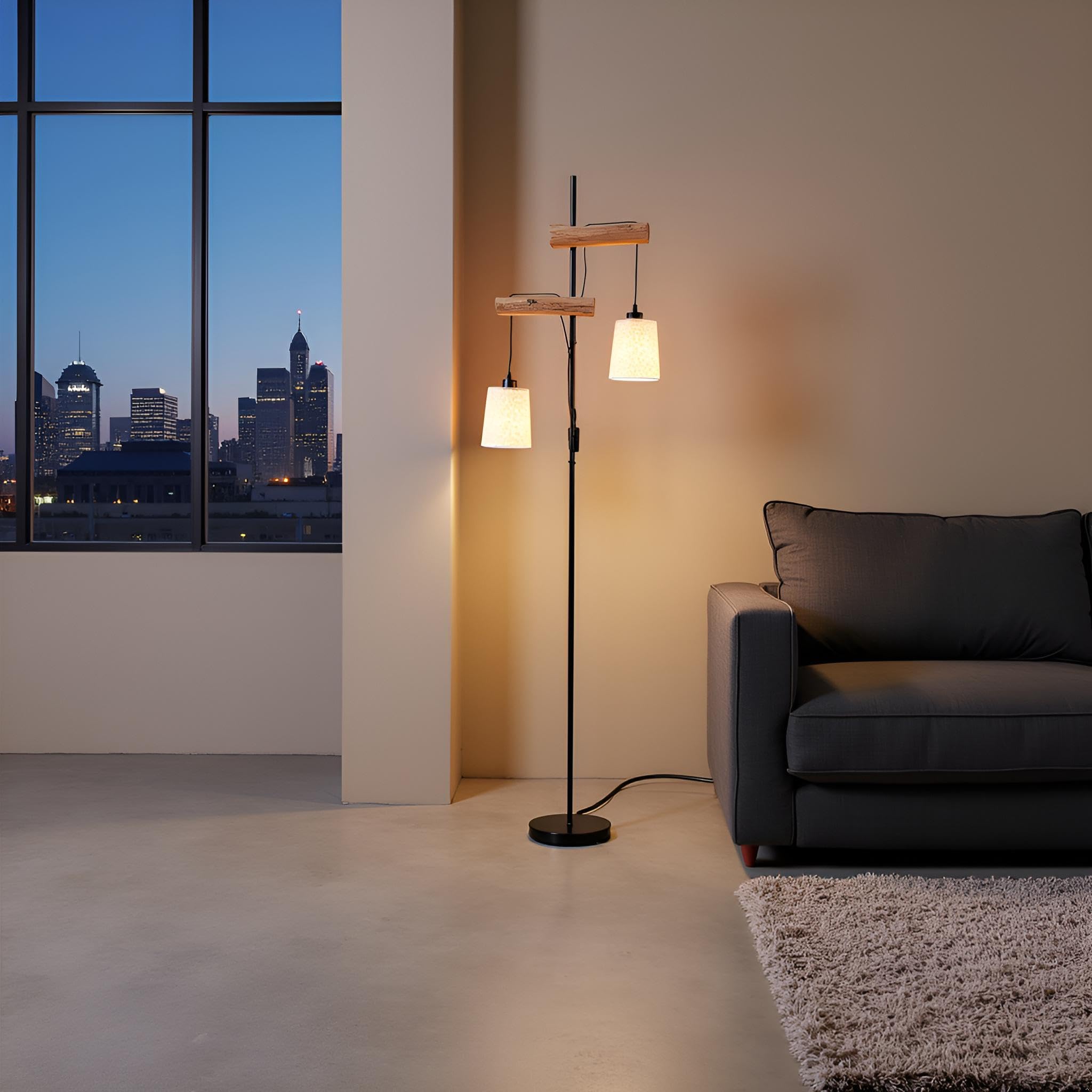 Holz Stehlampe Wohnzimmer, LED Stehleuchte mit 2 E27-Fassung, Vintage Design, Stoff Doppelschirm, Retro Stehlampe, Schwarz mit Naturholz