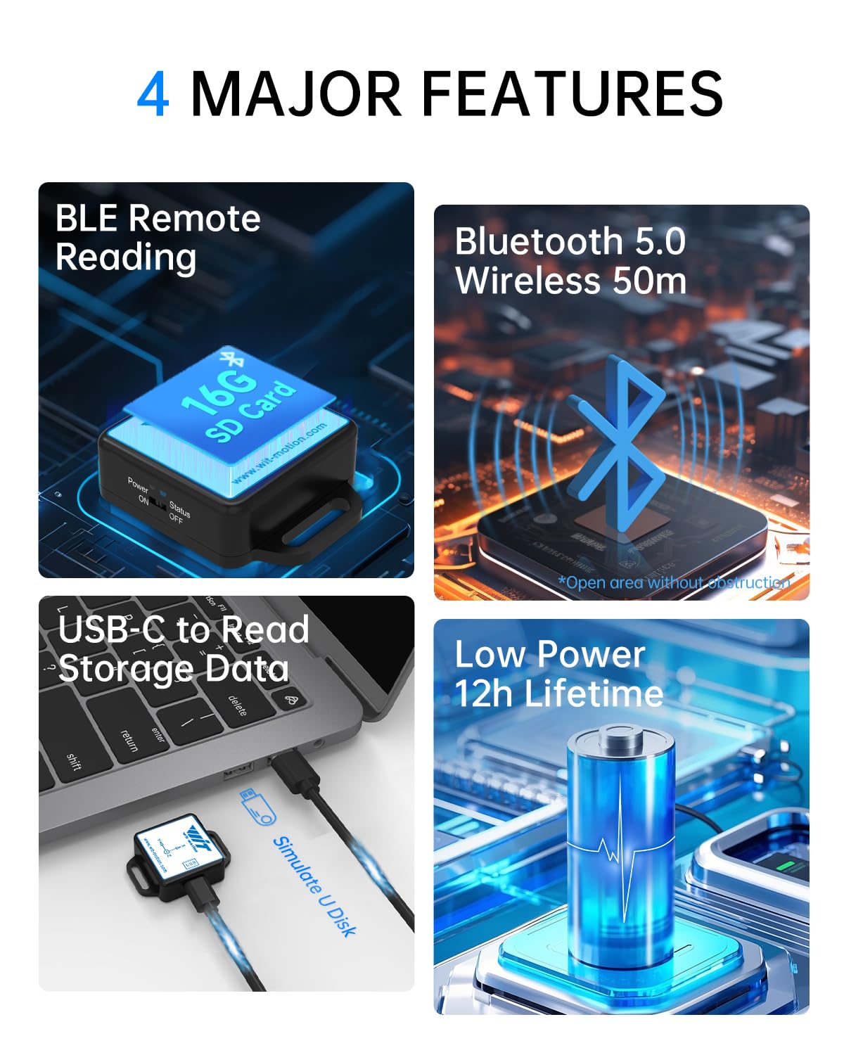 [Registrador de acelerómetro Bluetooth 5.0] WT901SDCL-BT50 Sensor de aceleración inalámbrico de 9 ejes con tarjeta SD, acelerómetro de 3 ejes, giroscopio, magnetómetro e inclinómetro, módulo IMU