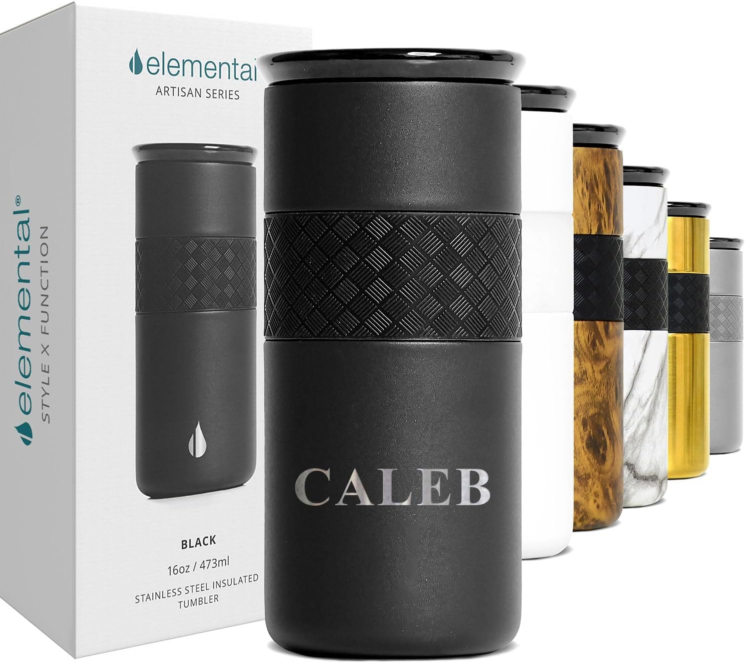 Elemental Personalized Artisan Insulated Tumbler, Triple Wall Coffee Travel Tumbler, Reusable Stainless Steel Coffee Tumbler with Ceramic Lid, Thermal Coffee Cup for Hot & Cold 16oz - Matte Black