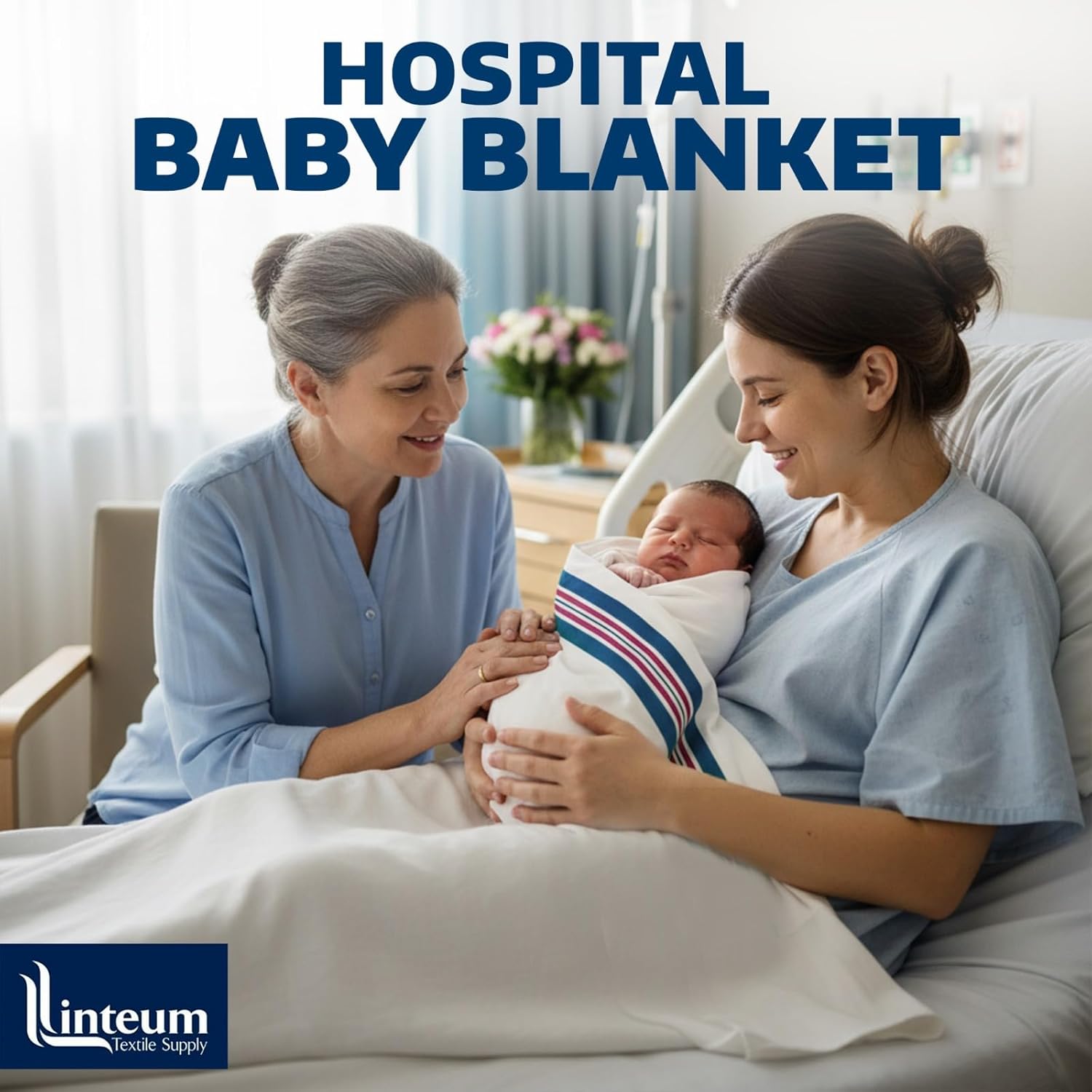 Linteum Textile Supply Hospital Receiving Blankets for Newborns – 100% Cotton, 30x40 in, White w/Teal & Pink Stripes – Classic Swaddle Wraps for Babies – 6-Pack