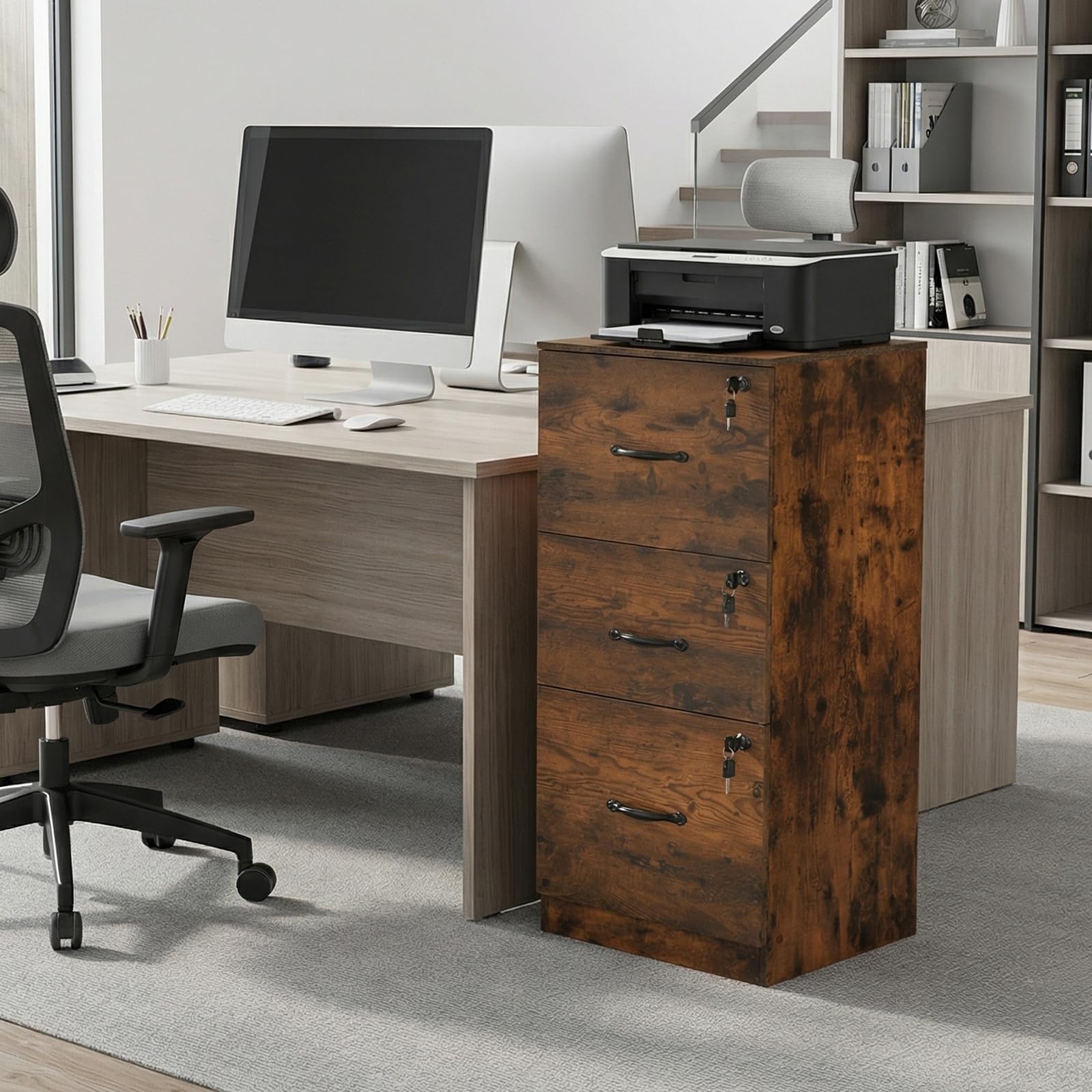 Cajonera Oficina, Cajonera Escritorio con 3 Cajones Cerradura y Llaves, Multiusos Armario Archivador con Barras Colgantes para Oficina Escritorio Casa,103.5cm Alto