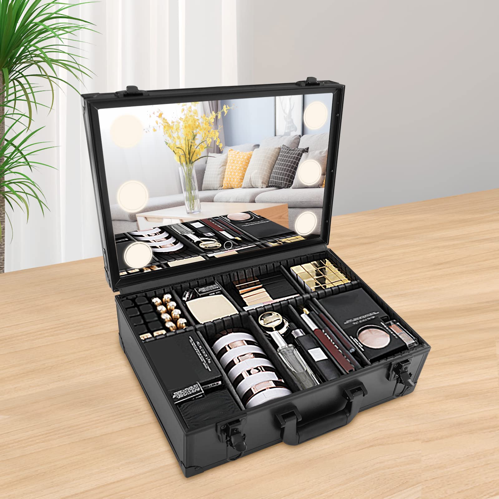 9 Fächern Reise Kosmetik Aufbewahrungsbox Tragbar Schwarz Make Up Schmink Koffer Friseur mit 6 LED-Lichter Geeignet für den Einsatz in Wohnungen Hotels Schönheitssalons und Anderen Orten (42*30*15 cm)