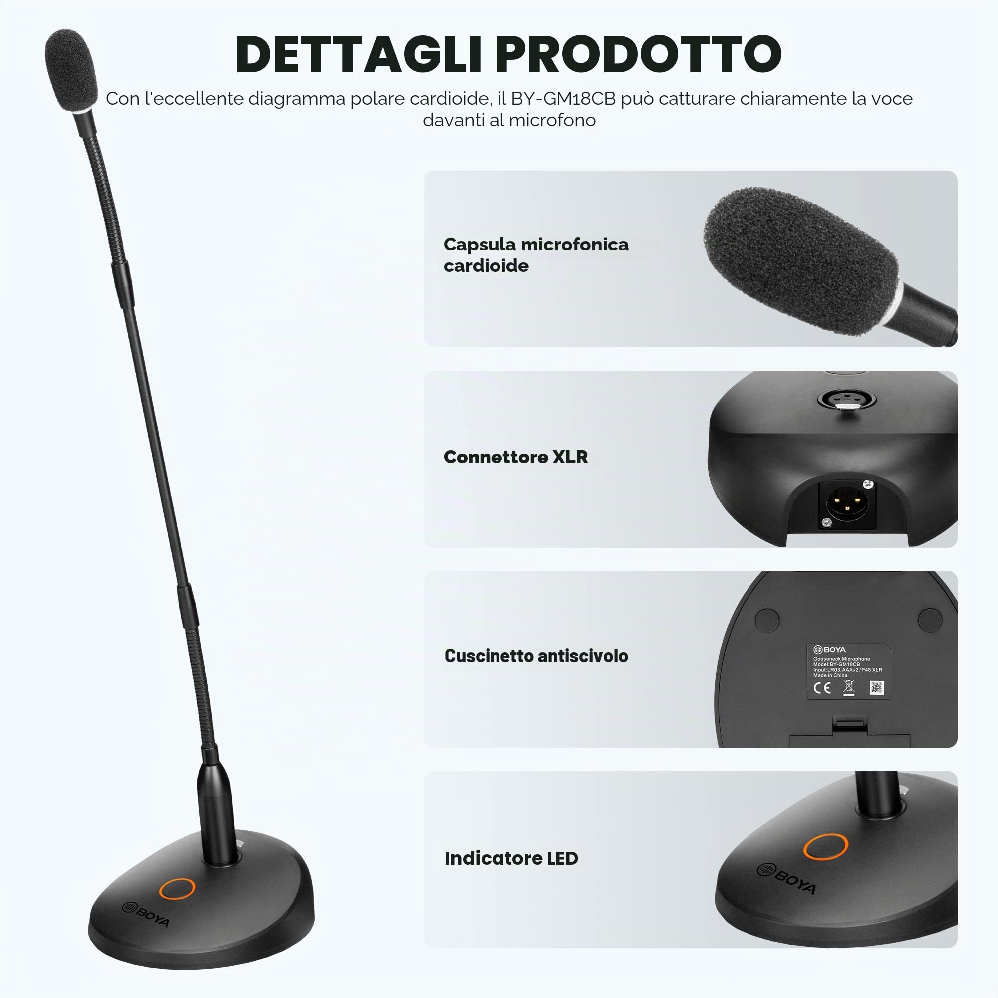 BOYA BY-GM18CB - Microfono a condensatore a collo d'oca da 18" con base da tavolo, indicatore LED, parabrezza in schiuma per conferenze, video streaming in diretta