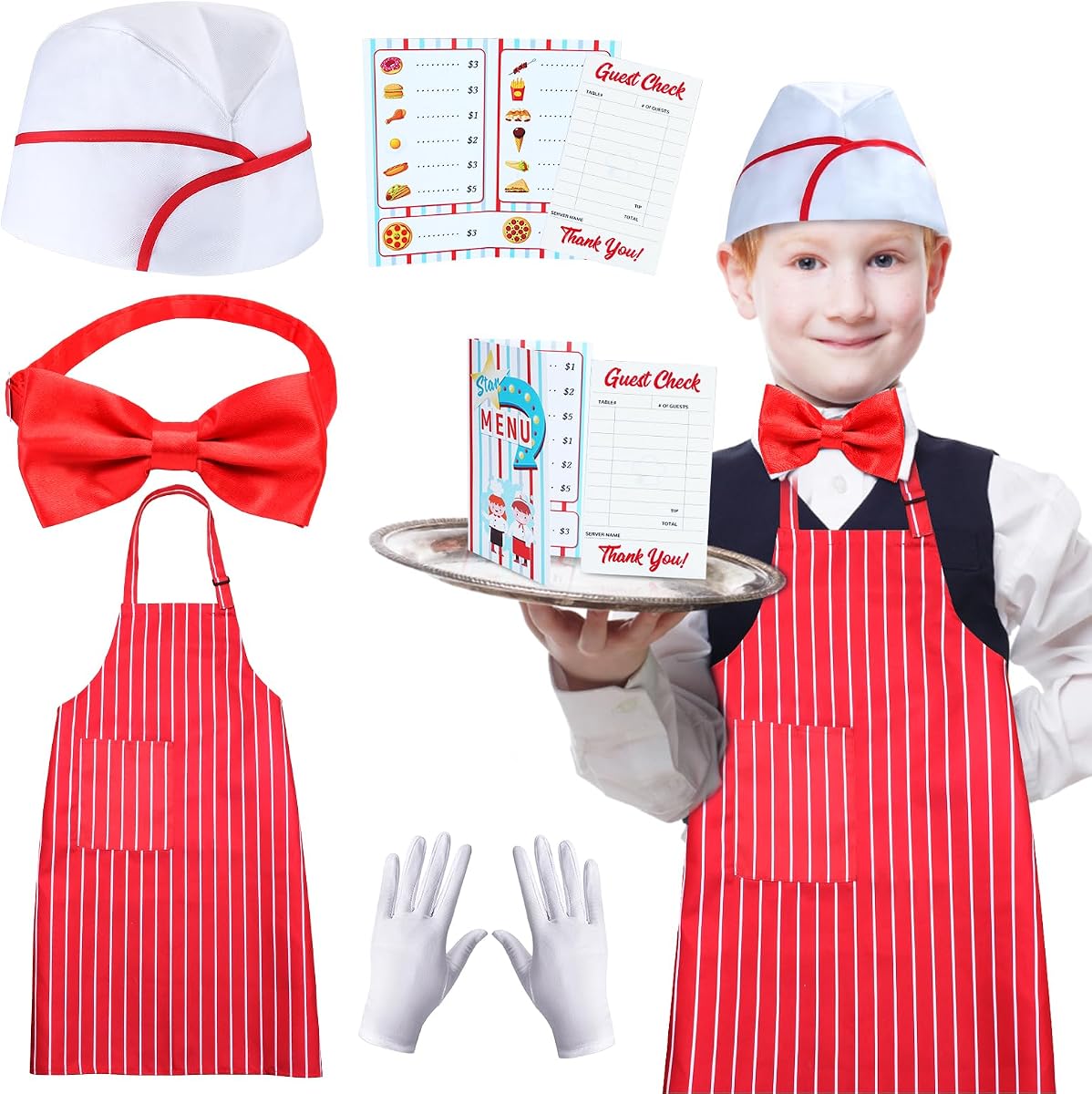 Keymall Kids Waiter Costume Set Vendor Costume Kit 6 Pcs Hat Apron Bow Tie Gloves Cards For Halloween Pretend Play Dress Up