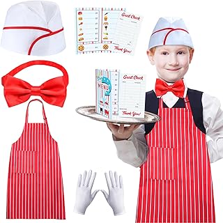 Keymall Kids Waiter Costume Set Vendor Costume Kit 6 Pcs Hat Apron Bow Tie Gloves Cards For Halloween Pretend Play Dress Up (Set C)