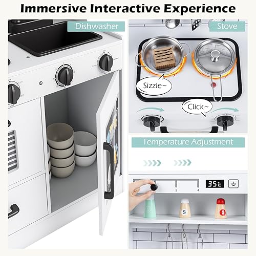 Miniatura 3 de INFANS Juego de cocina para niños, cocina de madera con sonido ligero realista, juguete de cocina para niños y niñas mayores de 3 años (blanco)