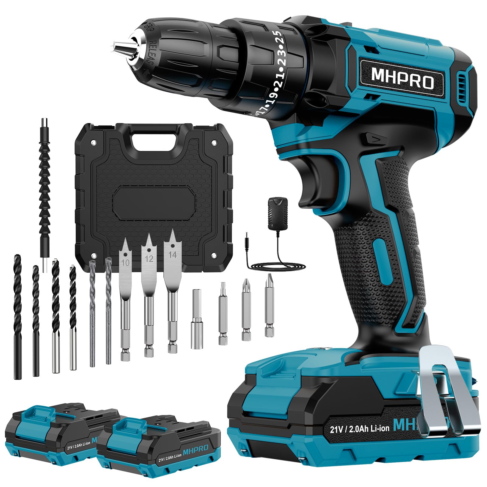 Taladro Percutor a Bateria 21V, MHPRO Taladro Atornillador Bateria con 2x2.0Ah Baterías, Atornillador Electrico 42Nm, 25+3 Ajuste de Par, 14 Accesorios, 2 Velocidad, LED Luz Para Hogar, Bricolaje