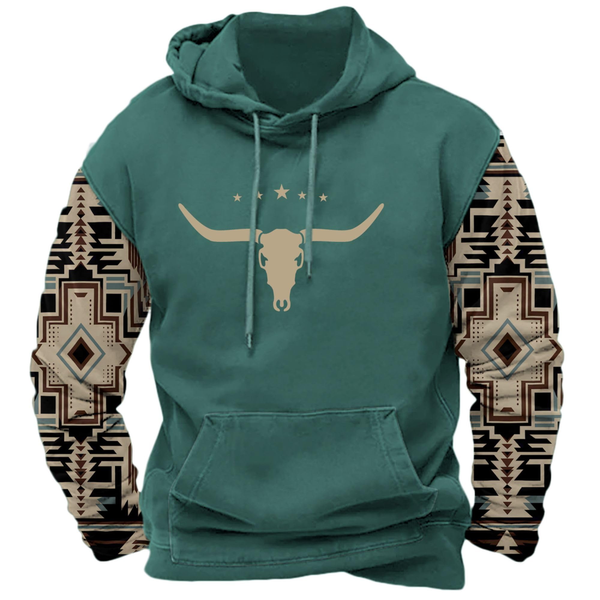 DMOYALA Men's Aztec Cow Skull Hoodie Western Sweatshirt with Hood Vintage Ethnic Tribal Graphic Patchwork Pullvoer