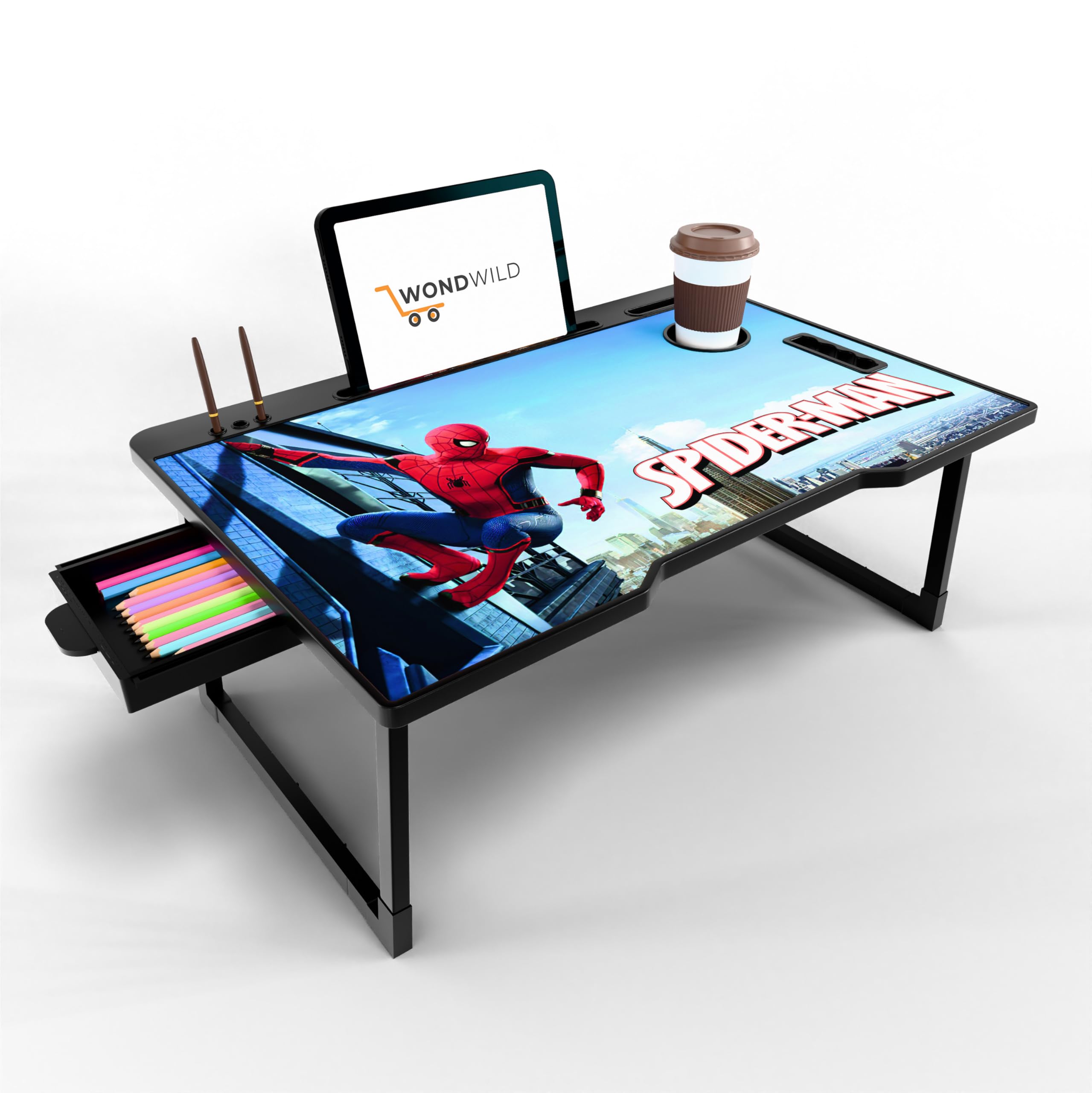 WONDWILD Smart Multipurpose Foldable Laptop Table with Cup Holder, Study Table, Bed Table, Breakfast Table, Foldable and Portable/Ergonomic & Rounded Edges/Non-Slip Legs (ABS SP)-image-42