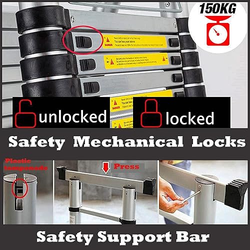 Miniatura 4 de Escalera de extensión telescópica de aluminio de 16.5 pies, capacidad máxima de 330 libras, marco A, ligera, portátil, multiusos, plegable, con