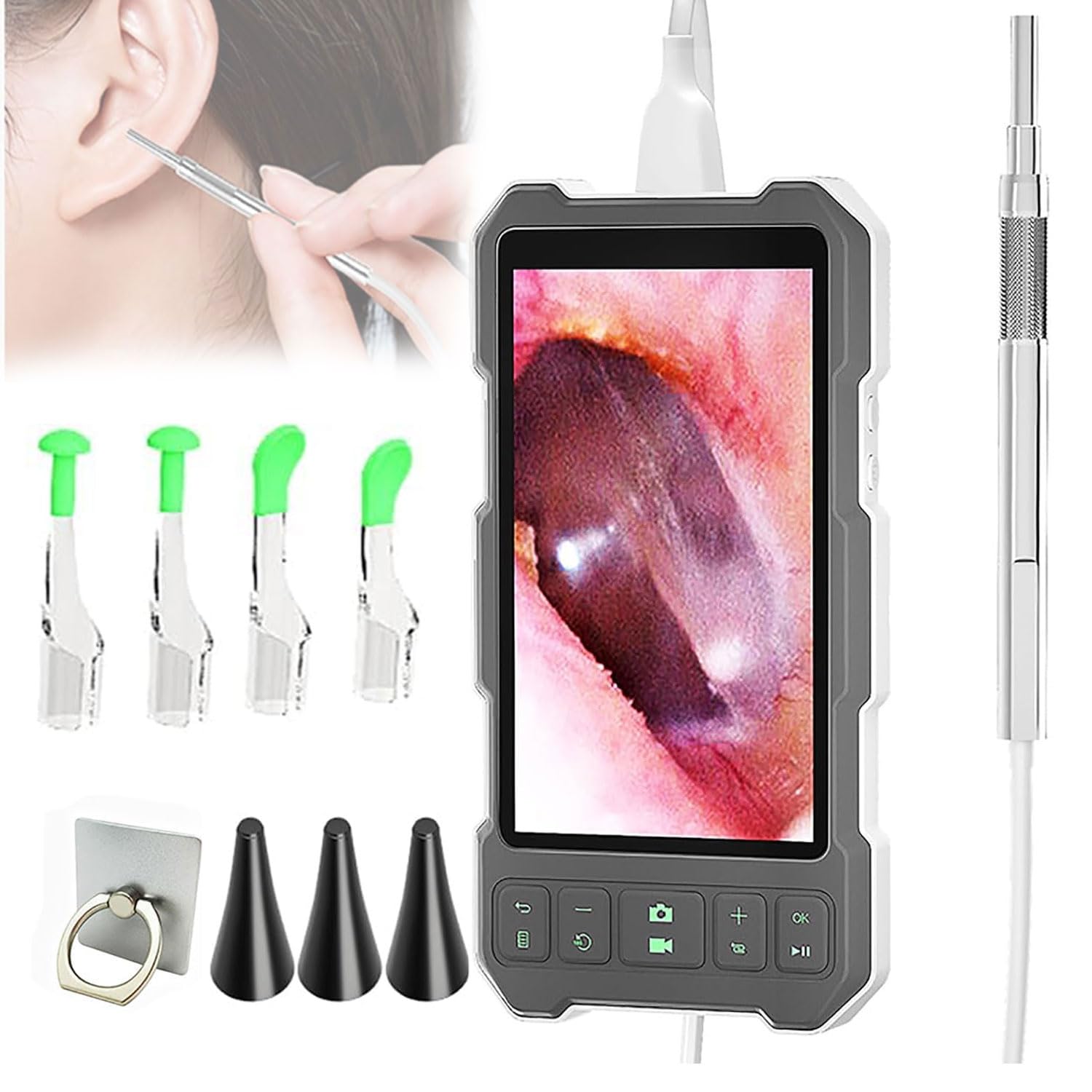 JOSBY Otoscopio Digital con Pantalla de 4,5/5 Pulgadas, Kit de cámara de eliminación de Cera para oídos con Capacidad de Memoria de 64 G, otoscopio Limpiador de oídos de 3,9 mm con 6 Luces LED