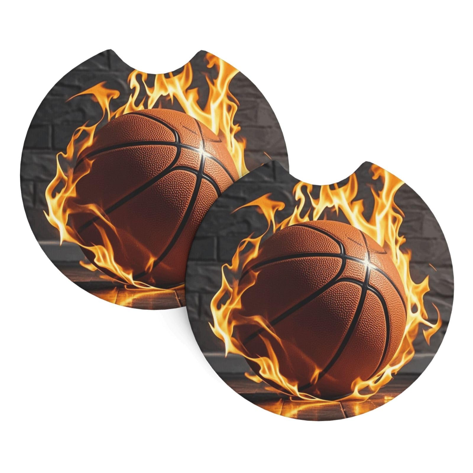 2 Pack Car Coaster for Cup Holders Basketball in Fire Car Cup Coaster 2.7" Neoprene Non-Slip Automotive Cup Mat Universal Auto Car Interior Accessories for Women Men Cup Pad