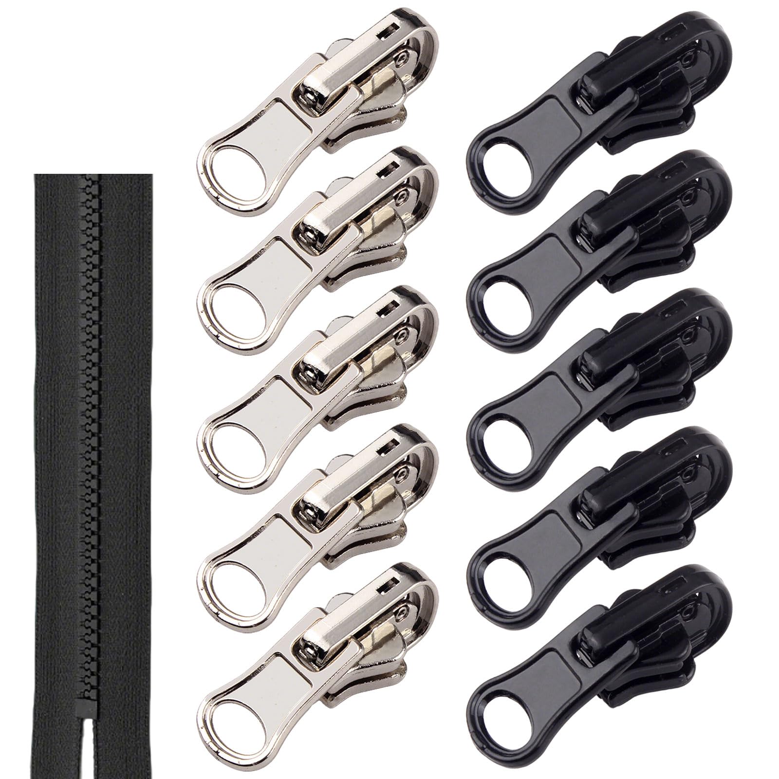 ApexPine 10 Pack #5 Reversible Zipper Sliders, Black Silver Zipper Pull Replacement Kit with U-Shape Stops, No Tools Needed for Tents, Jackets, Backpacks, Luggage & Double-Sided Clothes