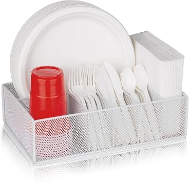 Paper Plate Organizer for Countertop, Metal Silverware Caddy for Cup, Fork, Spoon, Napkin, Paper Plate and Utensil Holder, Cutlery Caddy for Party, Camping, Picnic White
