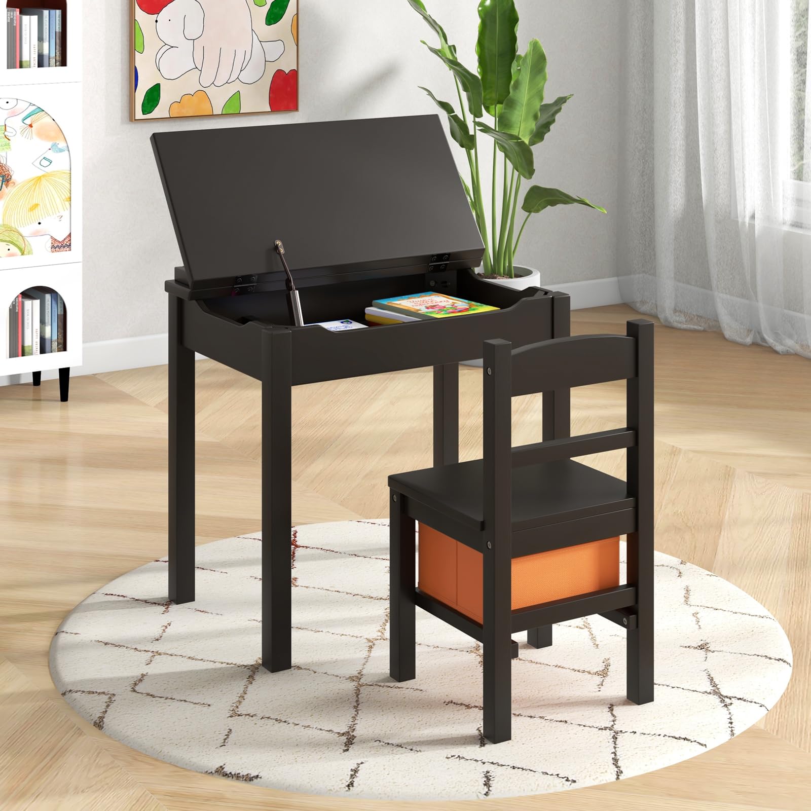 COSTWAY Kindertisch mit Stuhl, Schreibtisch aus Massivholz mit klappbarer Tischplatte, Schublade & Haken, Aktivitätstisch Kindersitzgruppe mit Stauram für Kinder ab 3 Jahren (Mit Box,Braun)