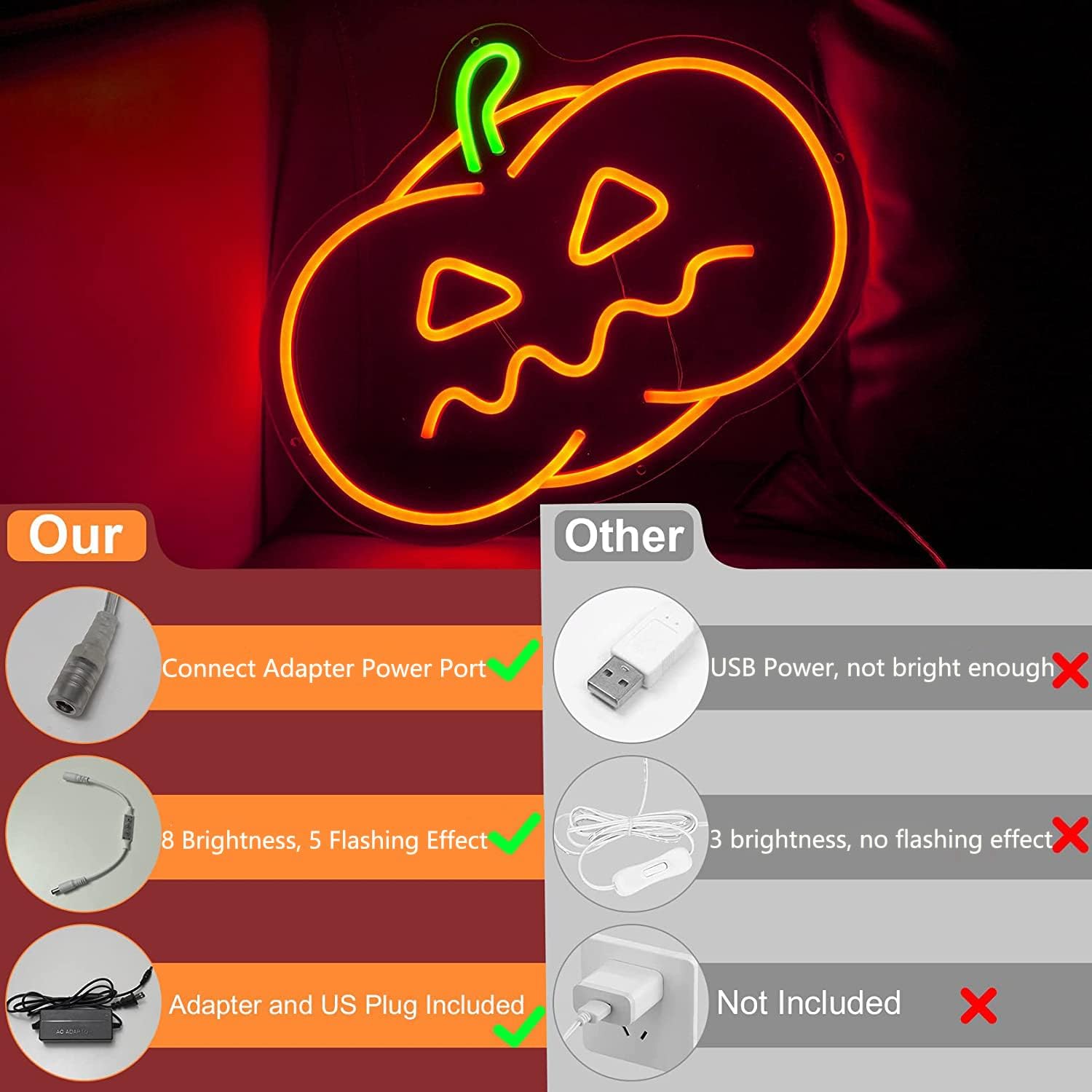 Neon Sign Pumpkin Halloween Decorations Neon Signs Fall Decor Neon Lights Lamp Orange Fall Pumpkin Decor for Table, Room, Party, Festival Wall Decor LED Sign 40x30cm (Style2)