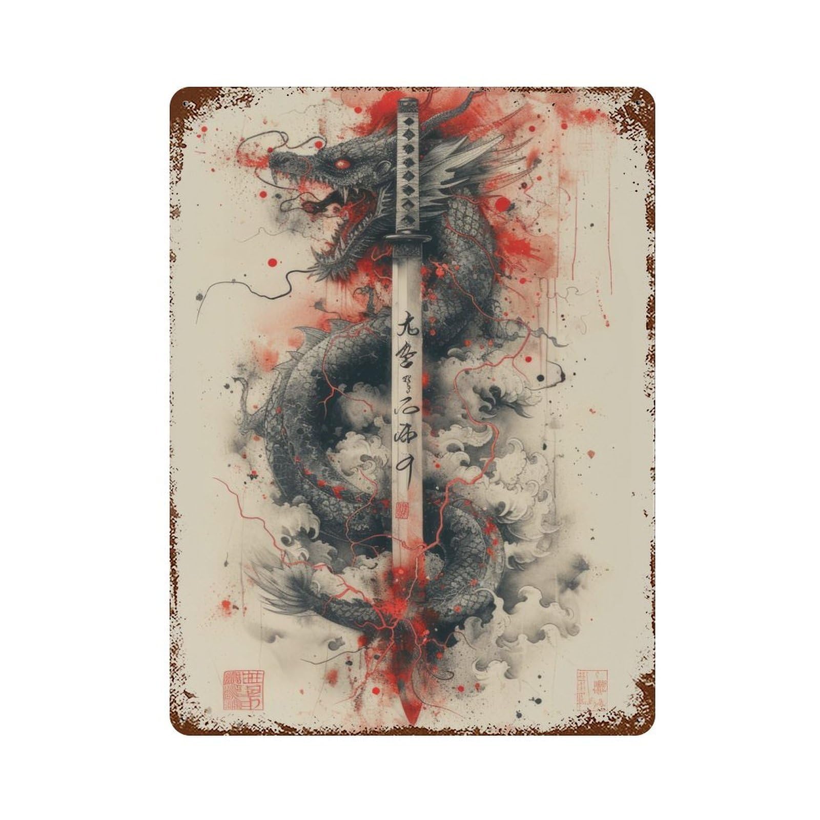 Distressed Metal Wall Sign with Katana Of The Black Dragon Design 15.7"x11.8", for Office, Studio And Wall Decor, Industrial Home Decor