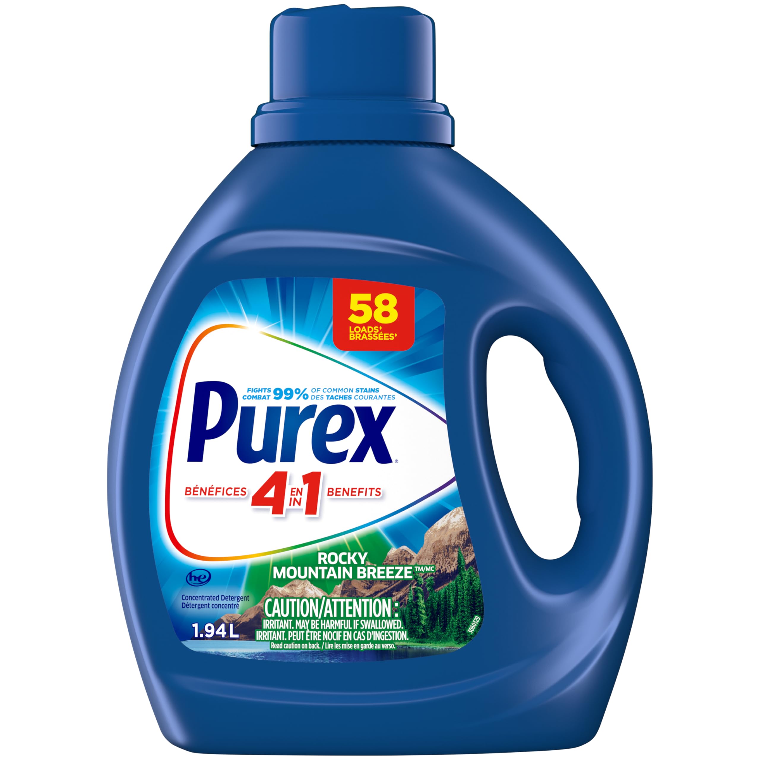 Purex Rocky Mountain Breeze, Concentrated Liquid Laundry Detergent with 4in1 benefits, Tough on Stains, Brightens and Whitens Clothes, 1.94L, 58 Wash Loads, HE Compatible