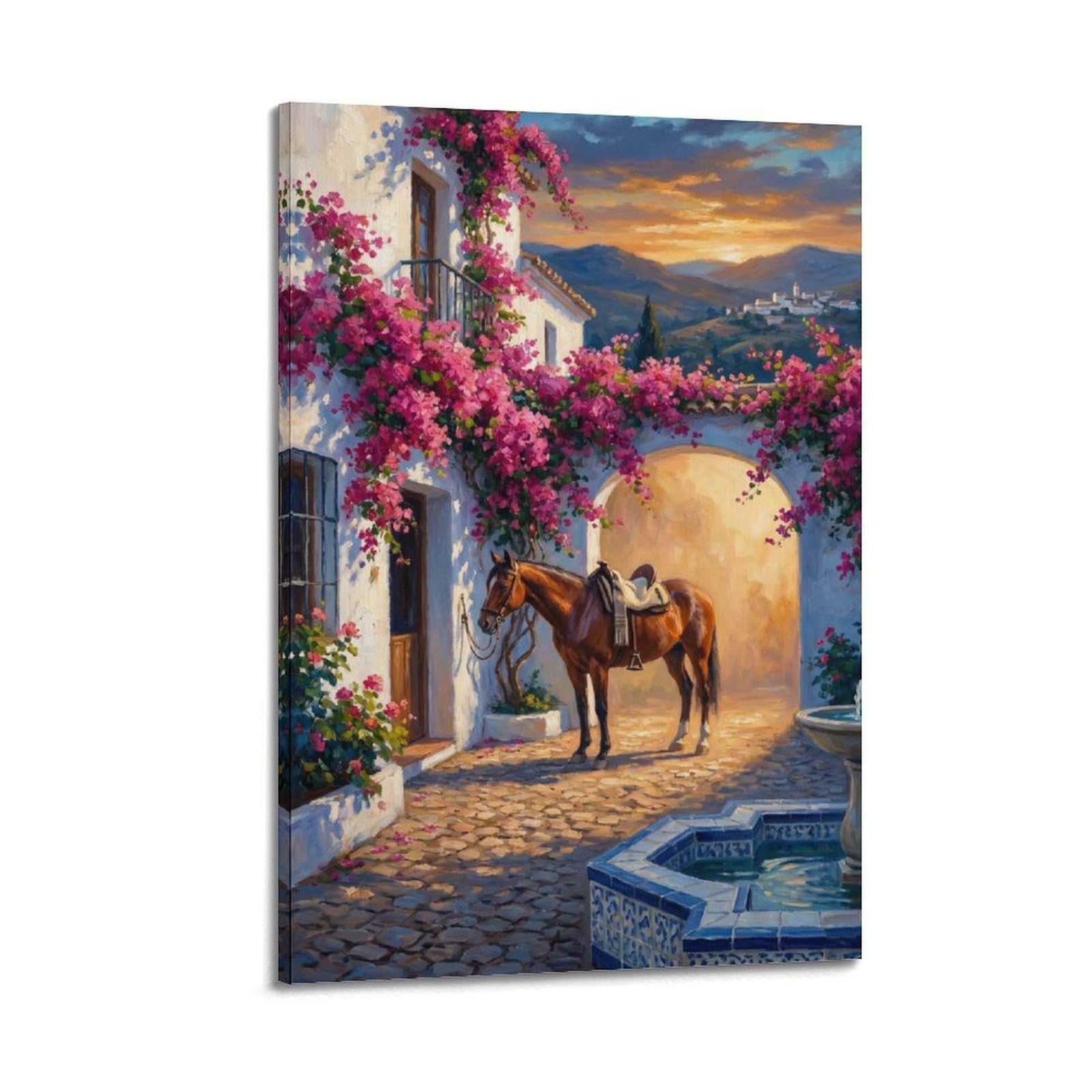 XKUGA Andalusian Horse Travel Poster Bougainvillea Courtyard Sunset Modern Decorative Canvas Prints - Ideal Wall Art for Family, Man Cave, Game Room, Boys & Girls Bedroom 20x30inch(50x75cm)