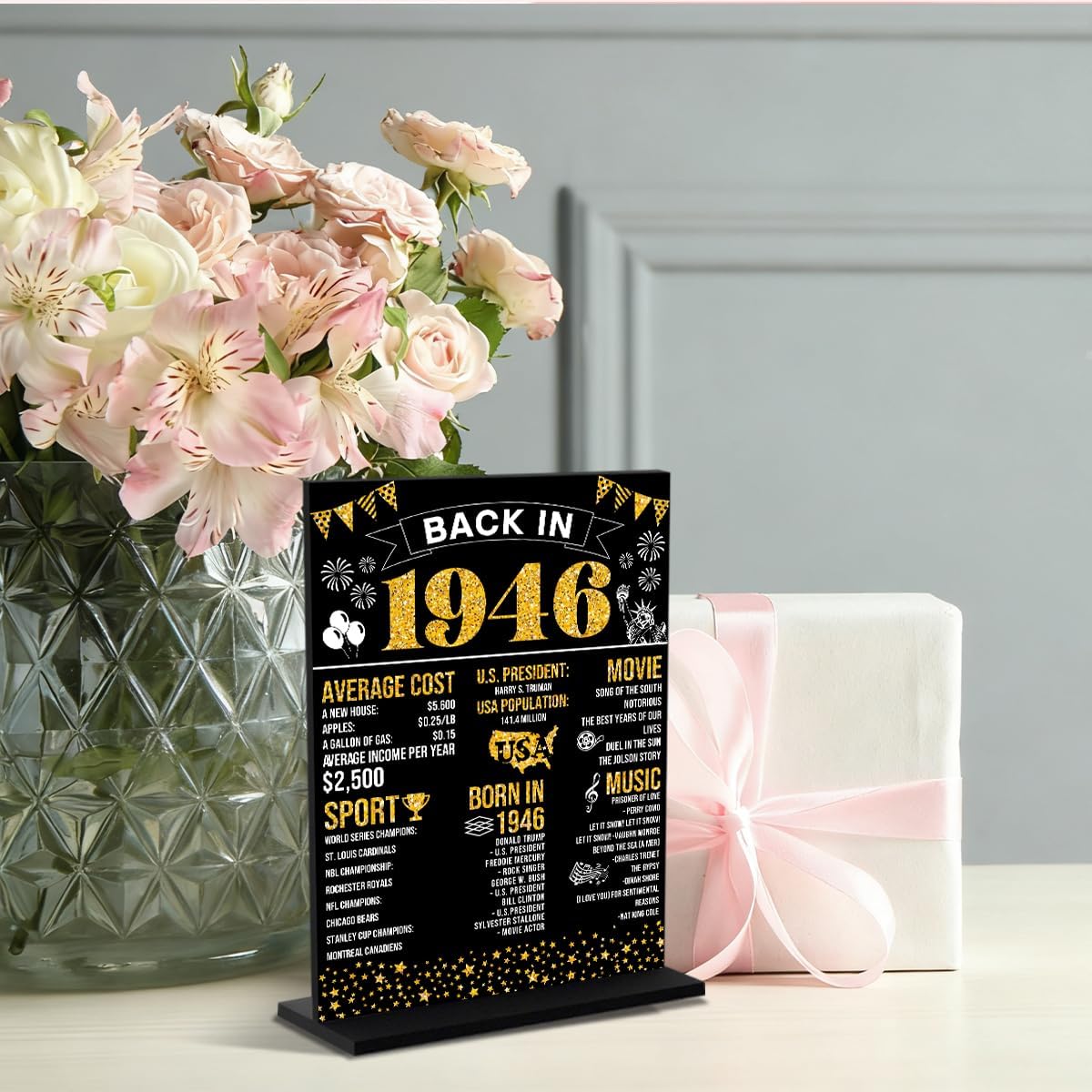 Black 80th Birthday Decorations for Women Man Back In 1946 Black Acrylic Sign 80 Year Old Table Poster With Stand Party Supplies 1946 Birthday Decorations for Display Holder Table - Image 4
