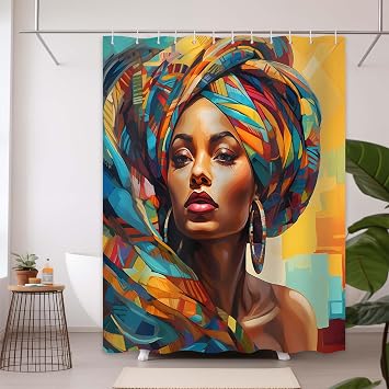 African Shower Curtain, Afro Black Girl, 72x72 inches | African American Black Woman Design, Waterproof Bath Curtain, African Bathroom Decor, Includes 12 Hooks
