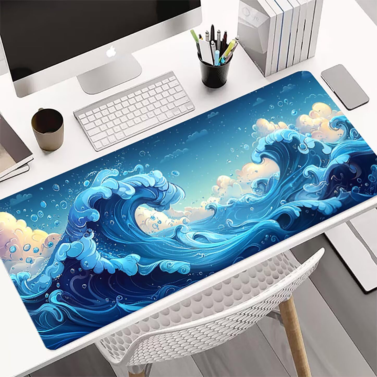 Lpfieonn Wellen Großes Schreibtischunterlage, XXL Schreibtischunterlagen, Landschaft XXL Wasserdicht Gaming Mousepad mit Vernähter Rand und Rutschfeste Gummibasis, für Hause/Büro 120x60cm PF-2649