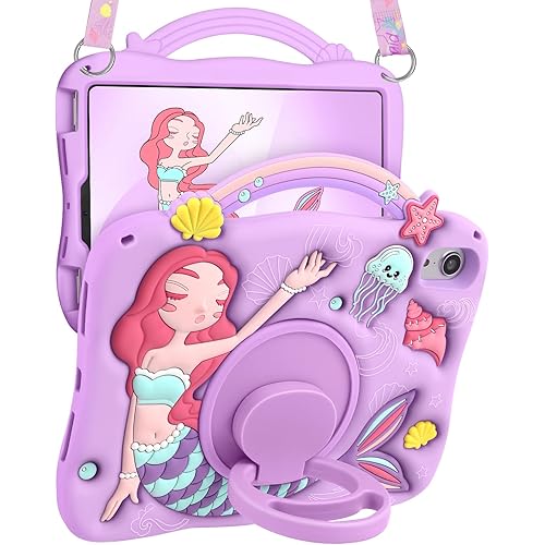 Boaretiu for iPad mini 6 Case/Mini A17 Pro Case - 3D Cute Cartoon Mermaids Girls Teens Soft Silicone for iPad mini 7/6 8.3 Inch Tablet Cover with Strap & Rotating Stand