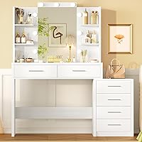 Vista 10 de Quimoo - Escritorio de tocador grande de 48" con espejo y luces, tocador de maquillaje con 6 cajones, toma de corriente, juego de mesa de tocador