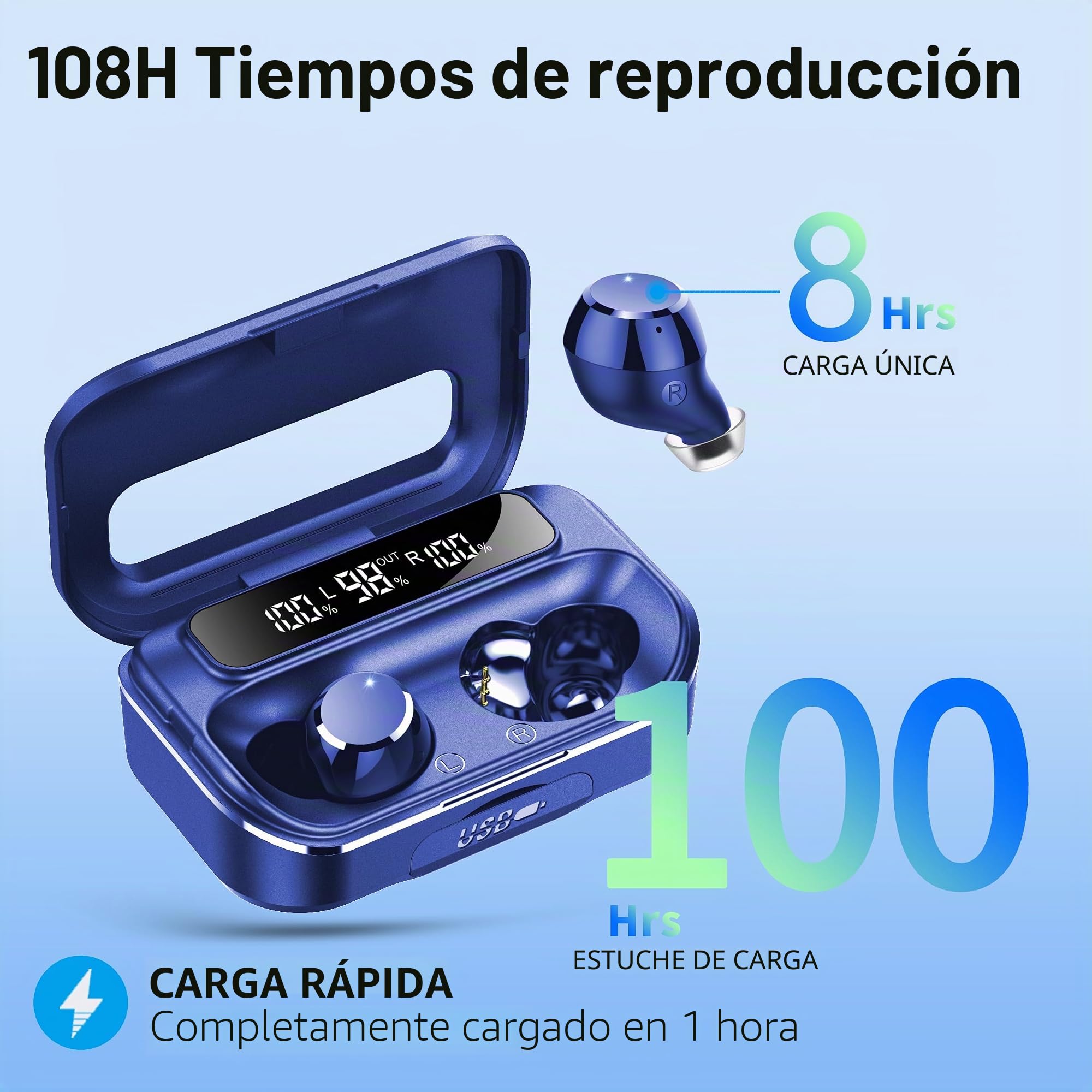Auriculares Inalámbricos Bluetooth, Auriculares Bluetooth 5.3 con cancelación de Ruido y 4 micrófonos, 128H Deportivos Cascos, 2026 Nuevos Auriculares IP7 Resistente al Agua con Pantalla Digital LED