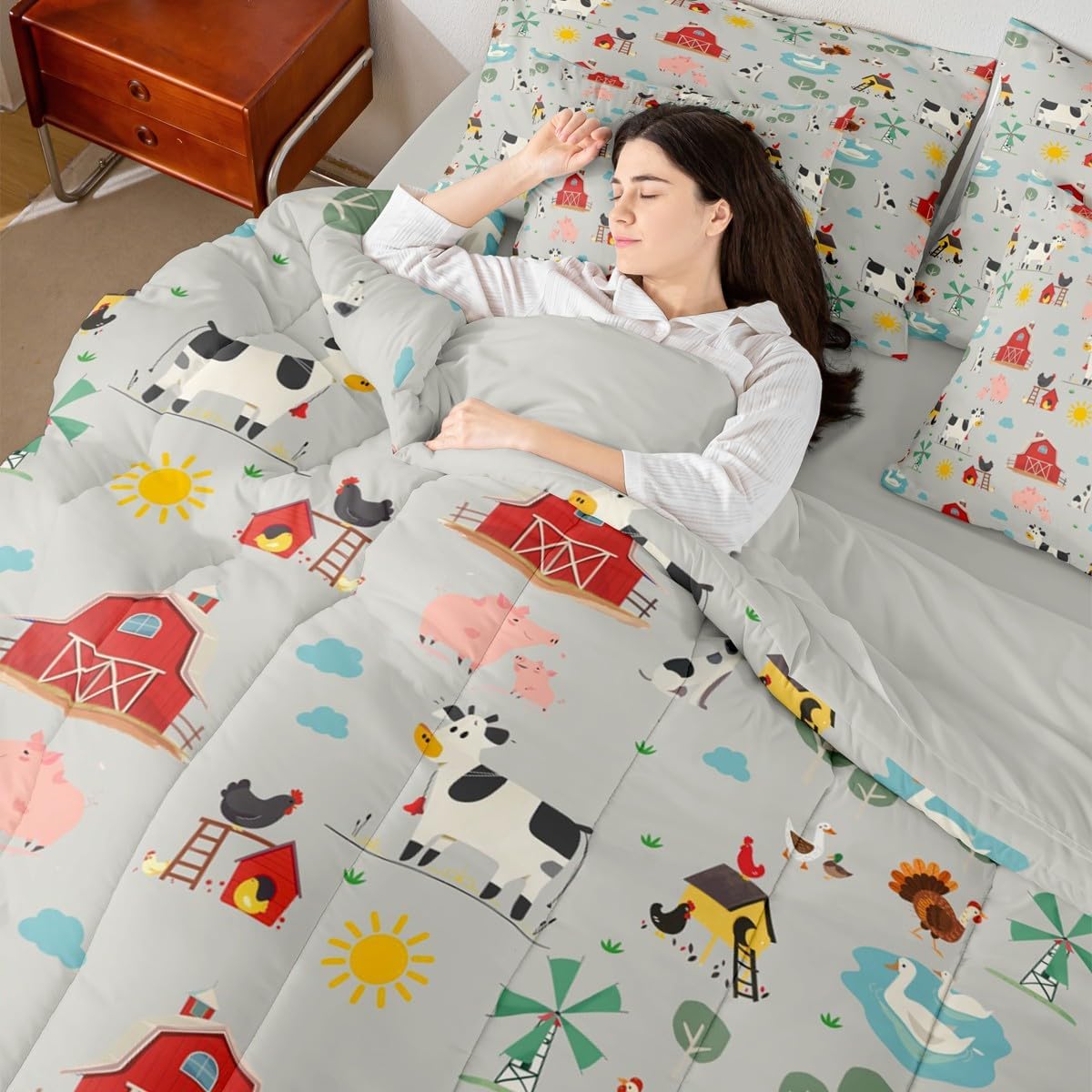 Feelyou Queen Comforter Set with Sheets for Kids Boys Girls Cute Pig Cow Dog 7 Pieces Bedding Set Farmhouse Animals Bed in a Bag Chicken Room Decor Cartoon Farm Soft Microfiber Grey Red