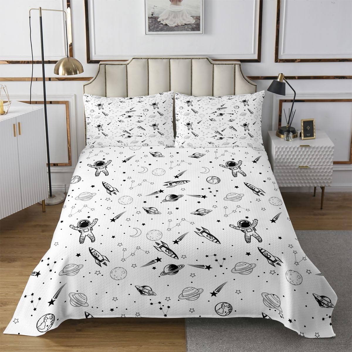 Homewish Boys Spaceship Quilt Sets Twin Size,Cute Astronaut Bedspread Coverlet 2Pcs for Kids Girls Boys Room Decor,UFO Rocket Quilts Set Starry Galaxy Bedding Comforter,1 Pillowcase