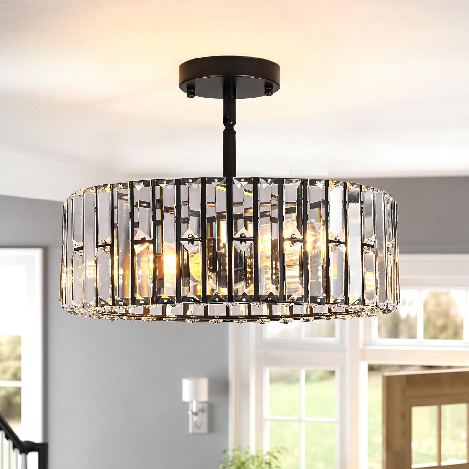 Modern Crystal Chandelier 4 Lights, Round Semi Flush Mount Ceiling Light Fixture Black Chandeliers Ceiling Light for Dinning Room Living Room Bedroom Kitchen Hallway Foyer