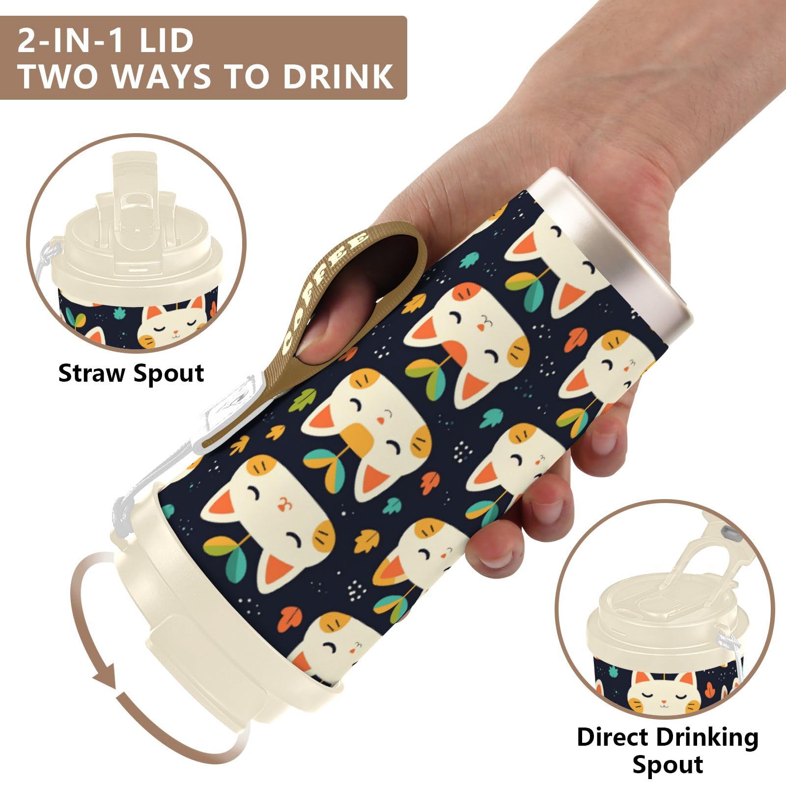 linqin Taza de café de viaje con cara de gato con hierba para mujer con tapas, taza térmica de acero inoxidable para frío y calor, 17 onzas, a prueba de fugas
