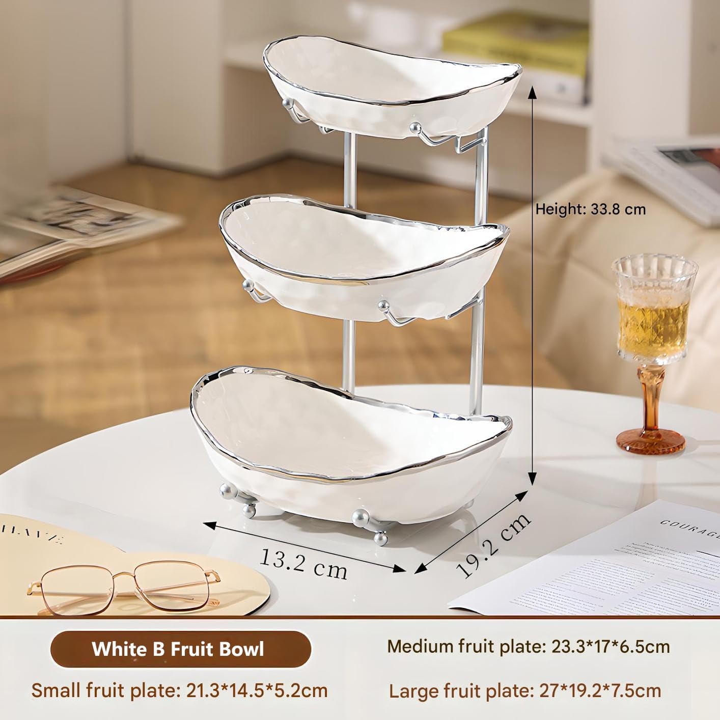XUDREZ 3 Tier Fruit Bowl with Metal Stand for Kitchen Counter, Ceramic White Gold Silver, Tiered Fruit Basket for Nuts, Snacks, Bread, Candy Storage (White B)