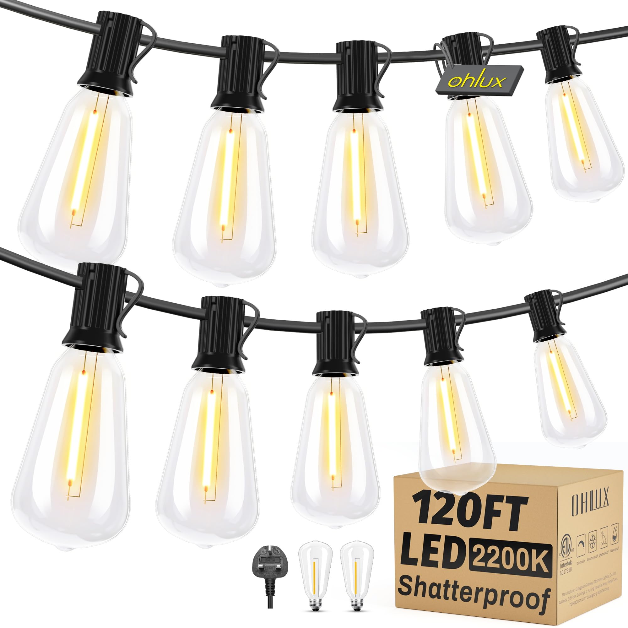 OHLUX Mains Powered Festoon String Lights, 62 ST38 LED Edison Bulbs, 120FT