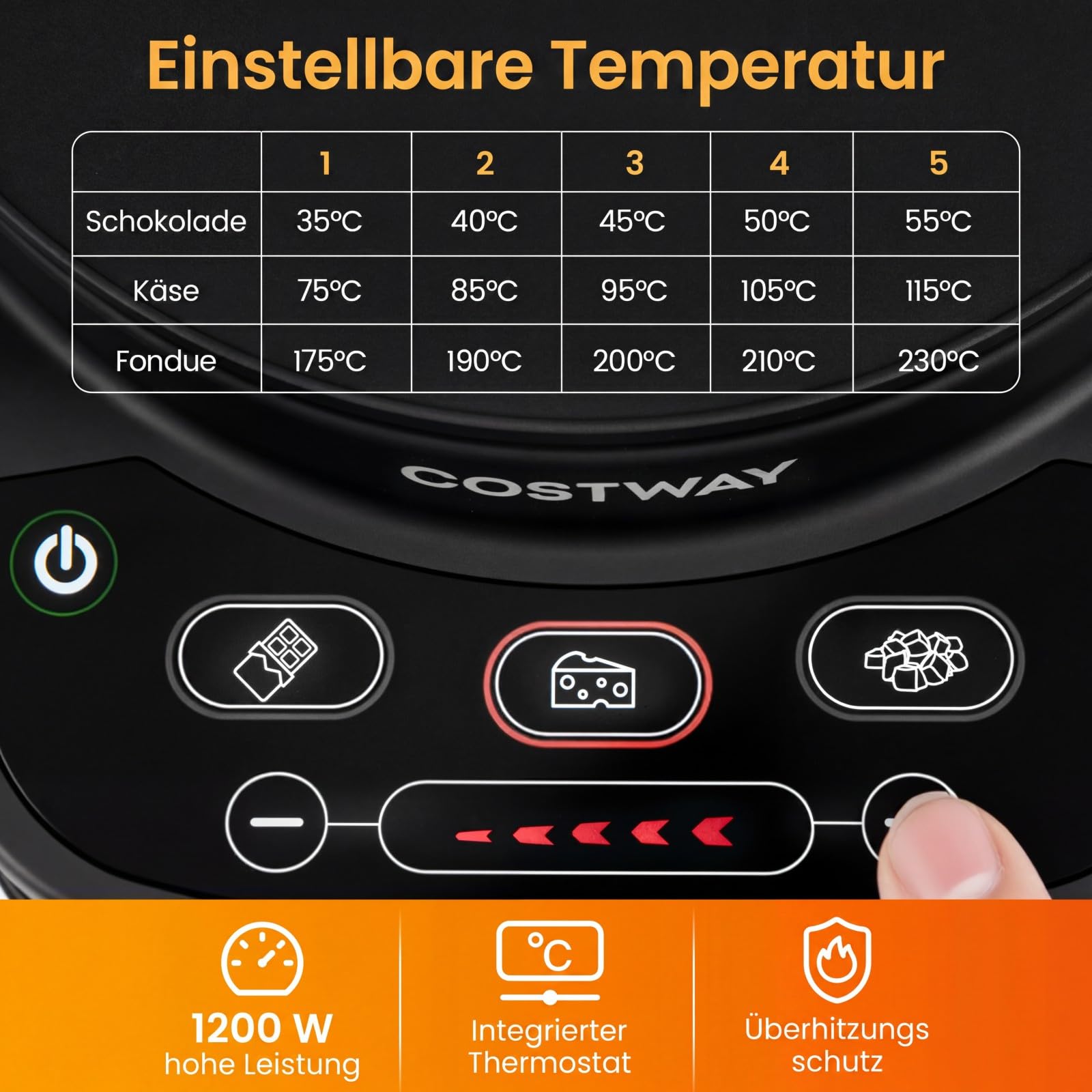 COSTWAY Elektryczny zestaw do fondue, 1200 W, ze zdejmowanym garnkiem ze stali nierdzewnej 3 l, 6 widelców oznaczonych kolorami i regulacją temperatury, nadaje się do mycia w zmywarce, do sera
