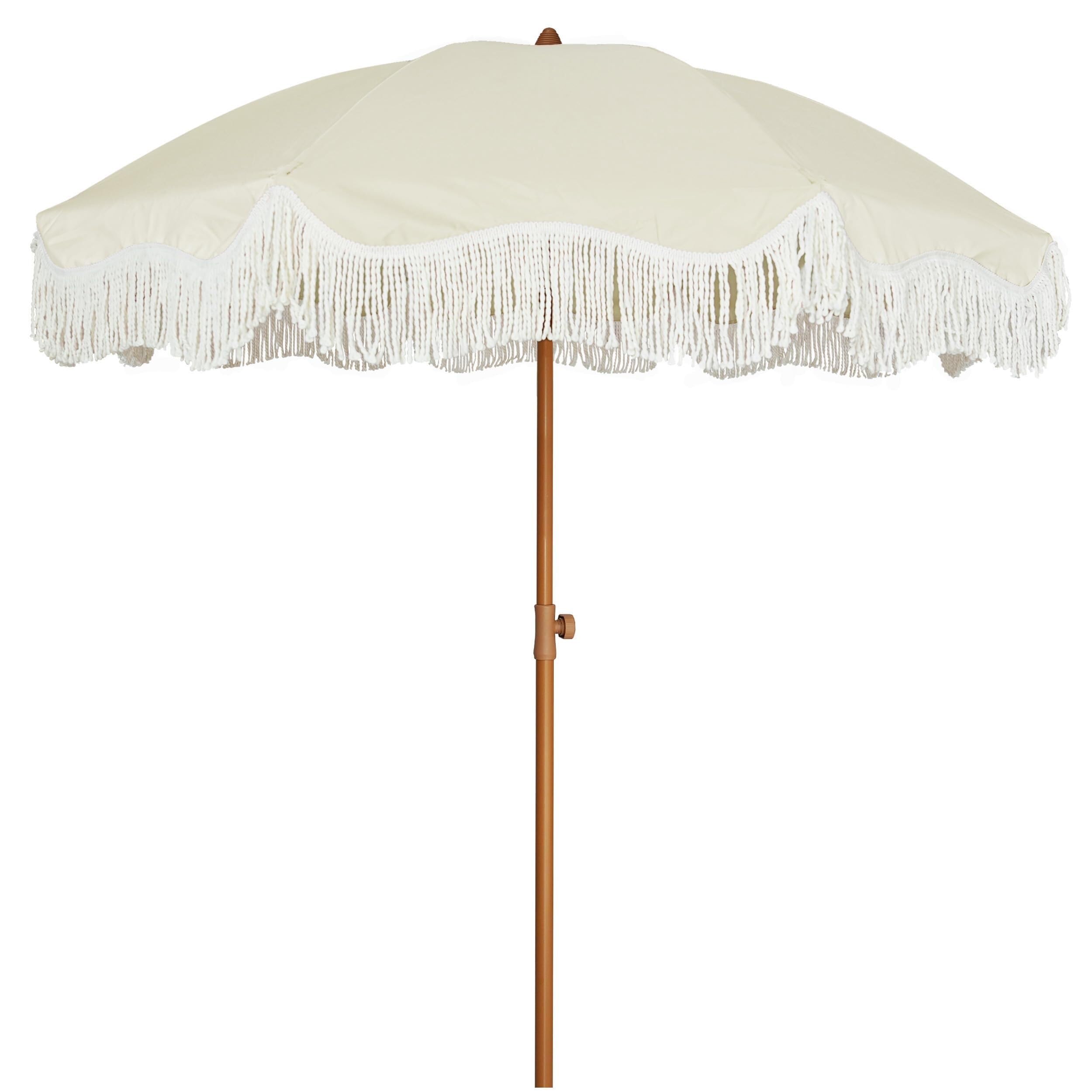 Sonnenschirm Strand Boho-Fransenschirm For Die Terrasse, 2,08 M, LSF 50+, Picknickschirm Mit Quasten, Stahlstange