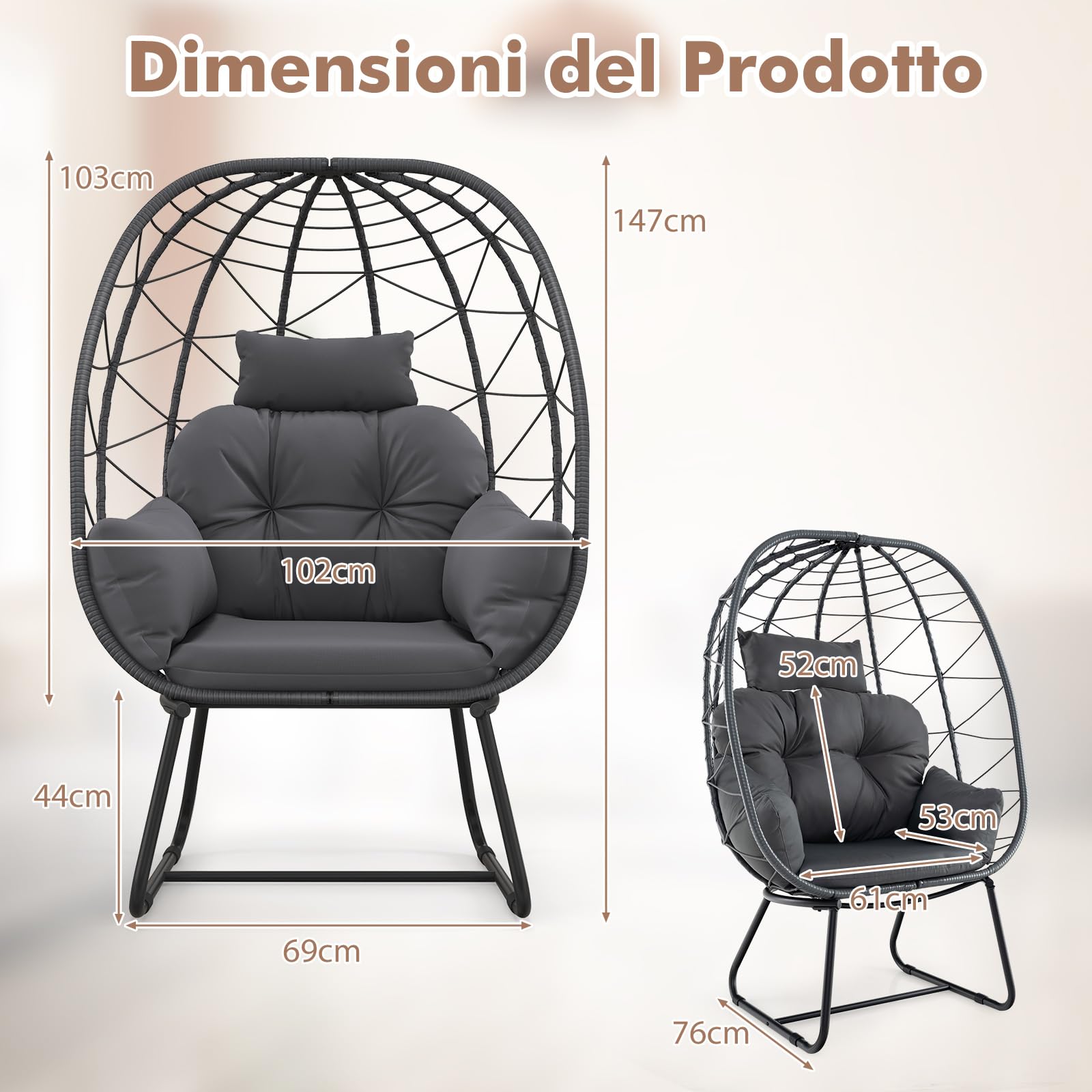 COSTWAY Poltrona in Rattan da Giardino, Cuscino Rimovibile (Grigio)