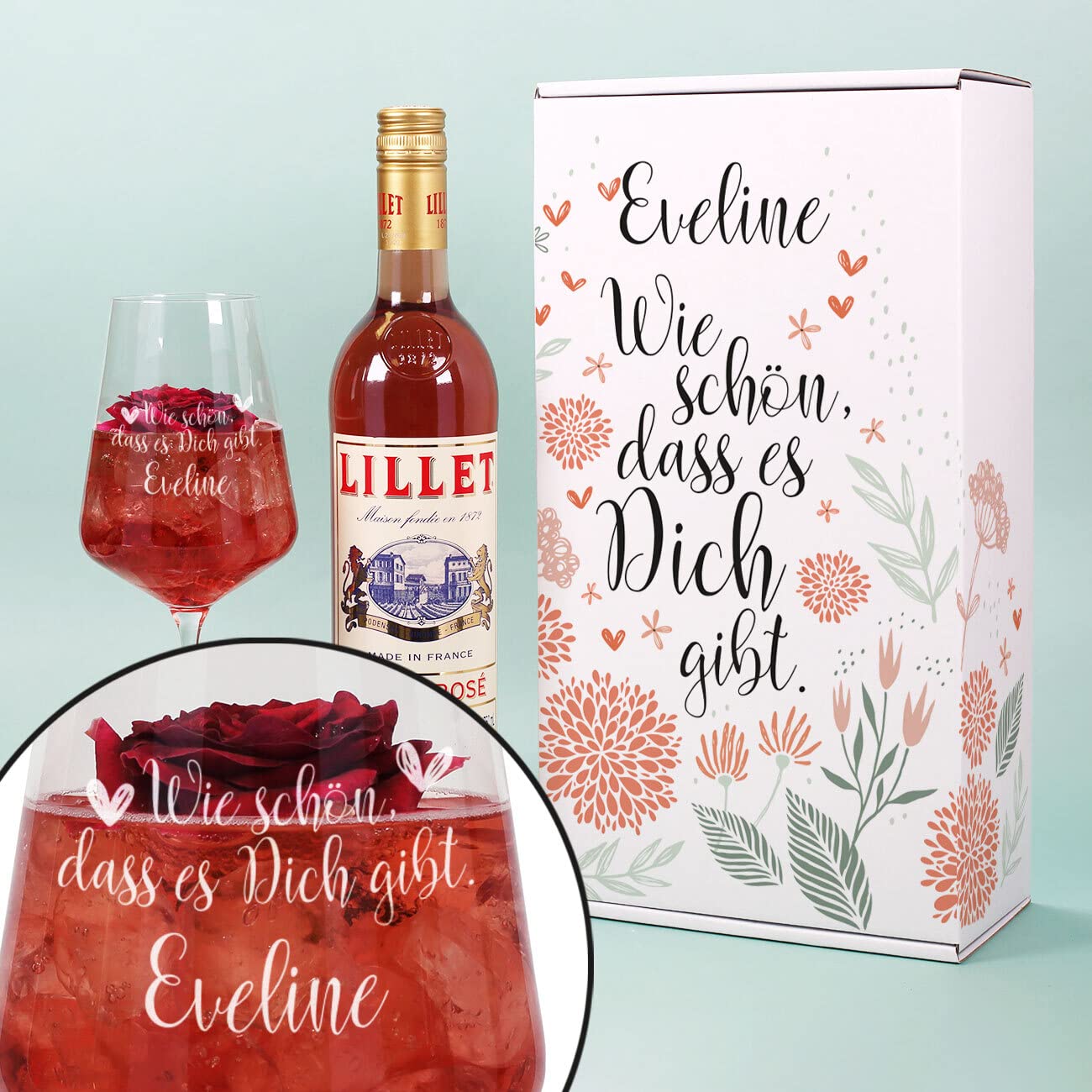 Herz & Heim® Geschenkset "Wie schön dass es Dich gibt" mit Geschenkbox, Weinglas und 1 Flasche Lillet/personalisiert Rosé