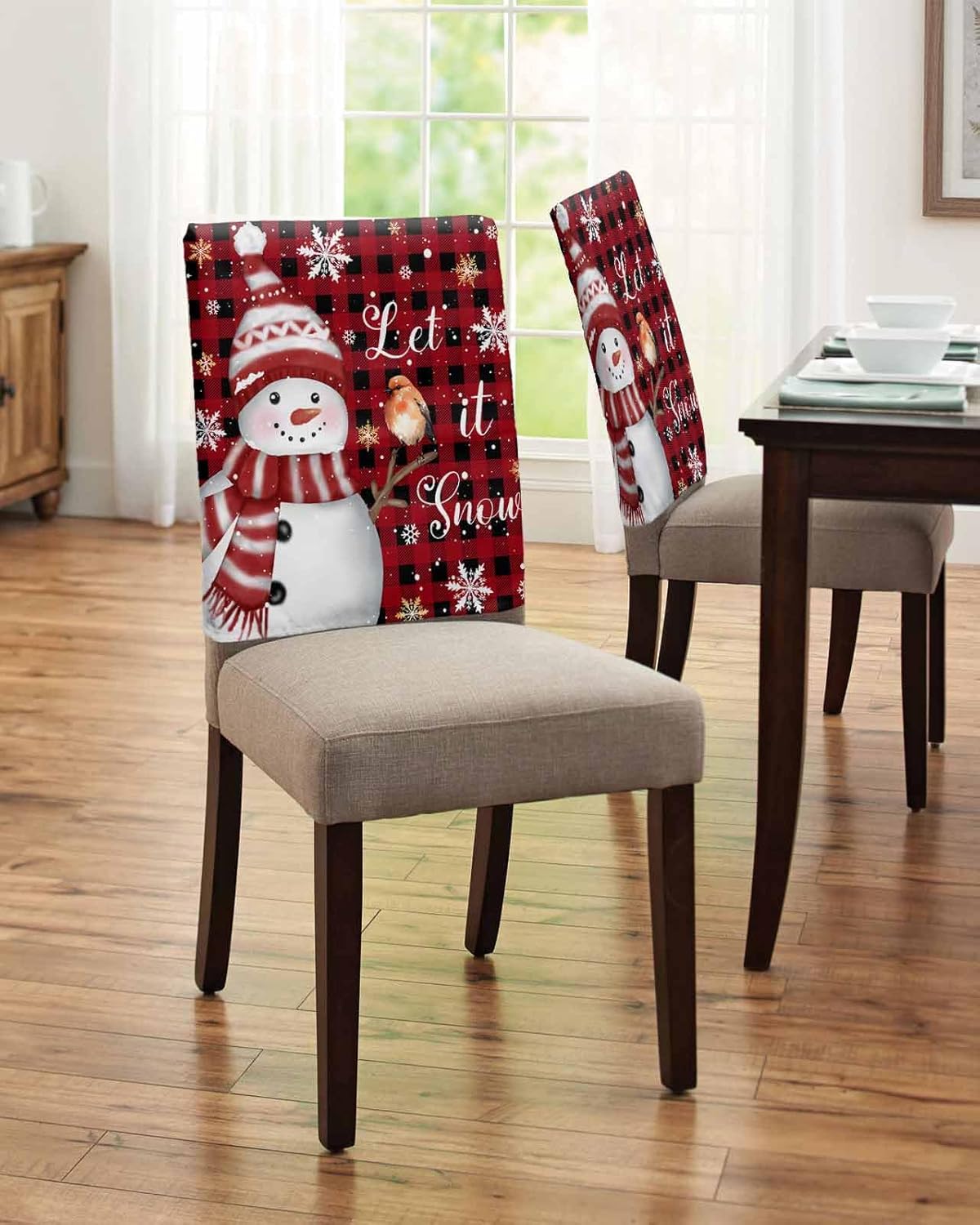 DecorLovee Red Plaid Snowman Christmas Chair Back Cover, Christmas Dining Chair Protector Covers, Xmas Snowflake Birds Chair Covers Removable Chair Slipcovers for Weeding Banquet Party 19"x20", 4 Pack